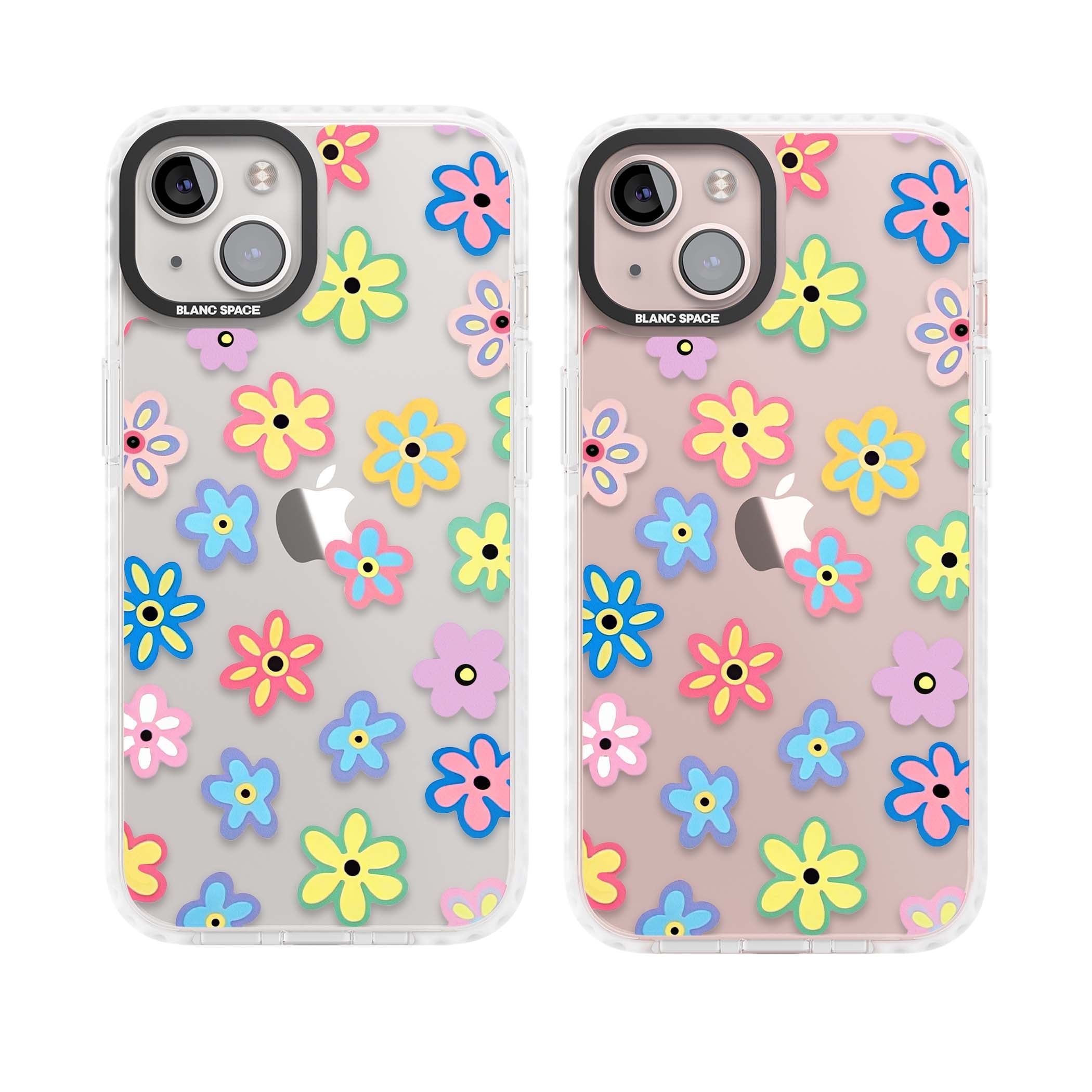 Bloom Pop cottagecore iPhone case featuring multicolor pastel flowers with black centers on clear background | Clear Impact case for iPhone 13, iPhone 14, iPhone 15