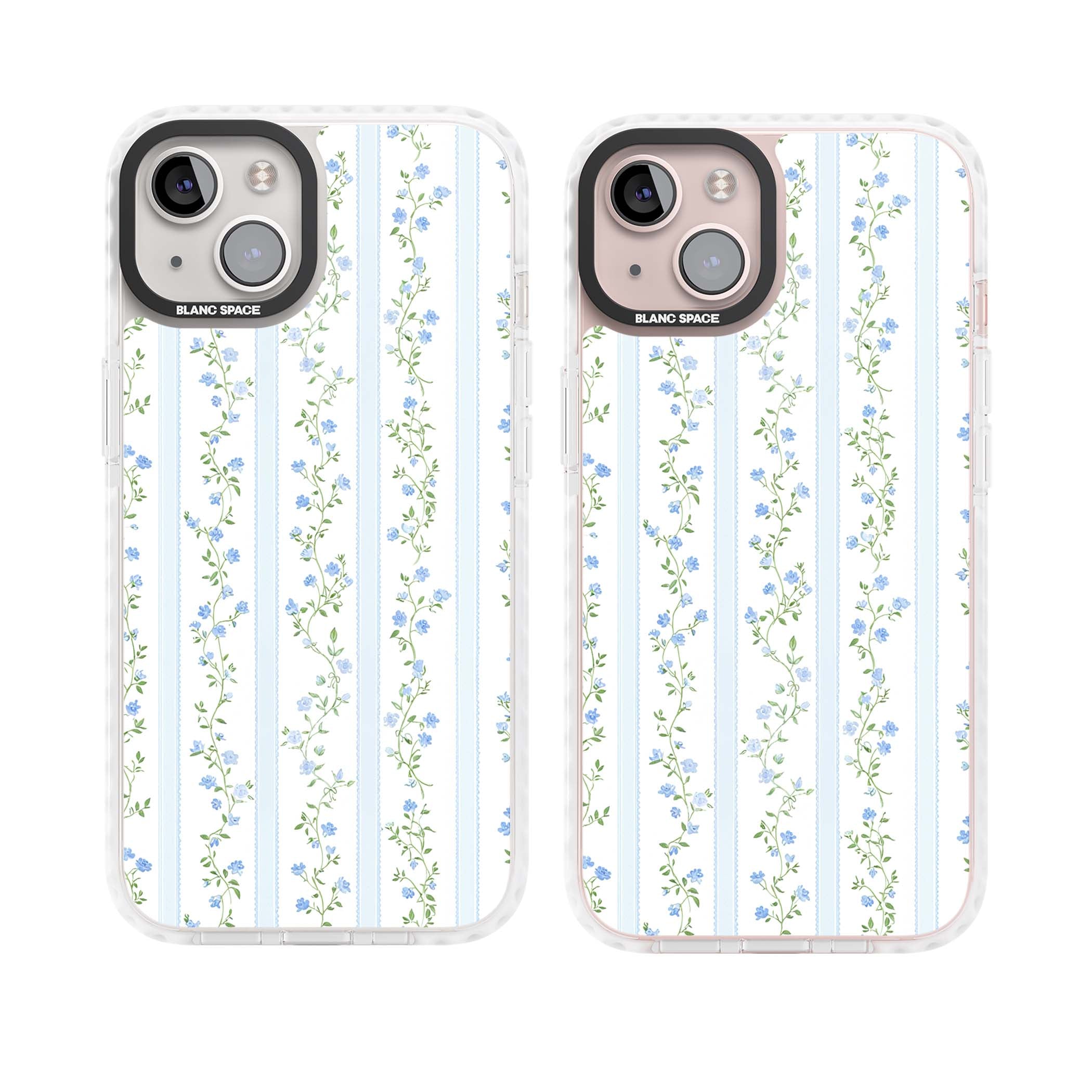 Bluebell Vine cottagecore iPhone case featuring climbing blue roses, trailing green vines, and pale ticking stripes | Clear Impact case for iPhone 13, iPhone 14, iPhone 15