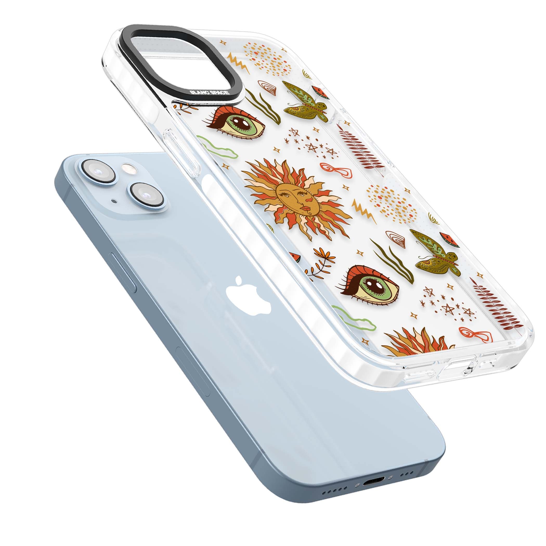 Elevate Your Phone'S Style With This Boho Celestial Sun & Eye Phone Case, Featuring A Mystical Blend Of Suns, All-Seeing Eyes, Butterflies, Stars, And