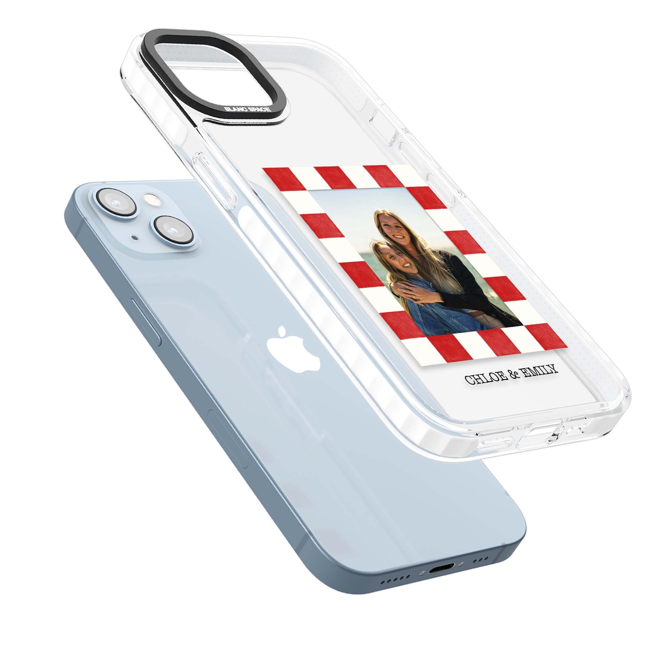 Red Check Photo personalised photo iPhone case with red and white checkered polaroid frame and custom couple name | Clear Impact case for iPhone 13, iPhone 14, iPhone 15