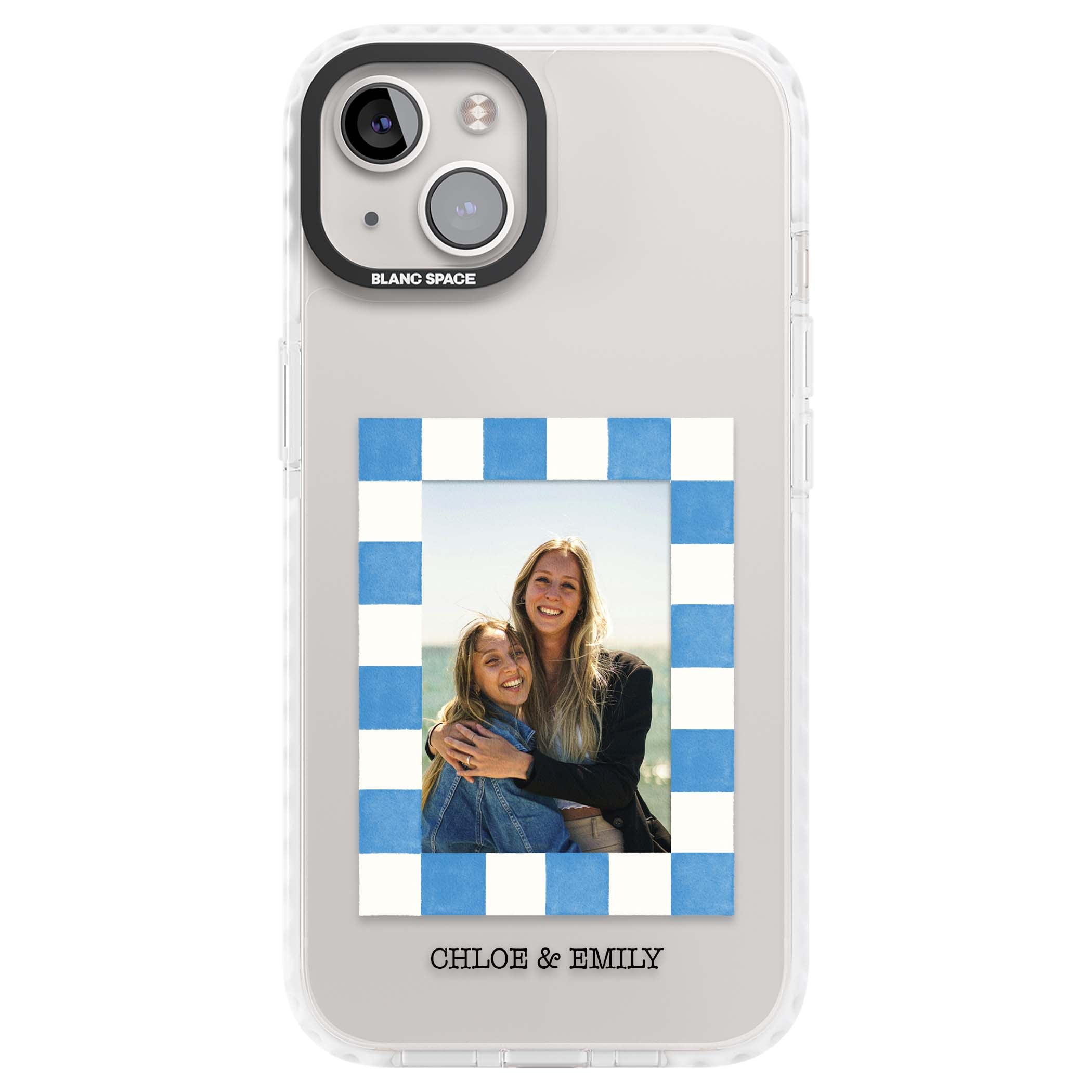 Blue Check Photo personalised photo iPhone case with blue checkered frame and custom couple names | Clear Impact case for iPhone 13, iPhone 14, iPhone 15