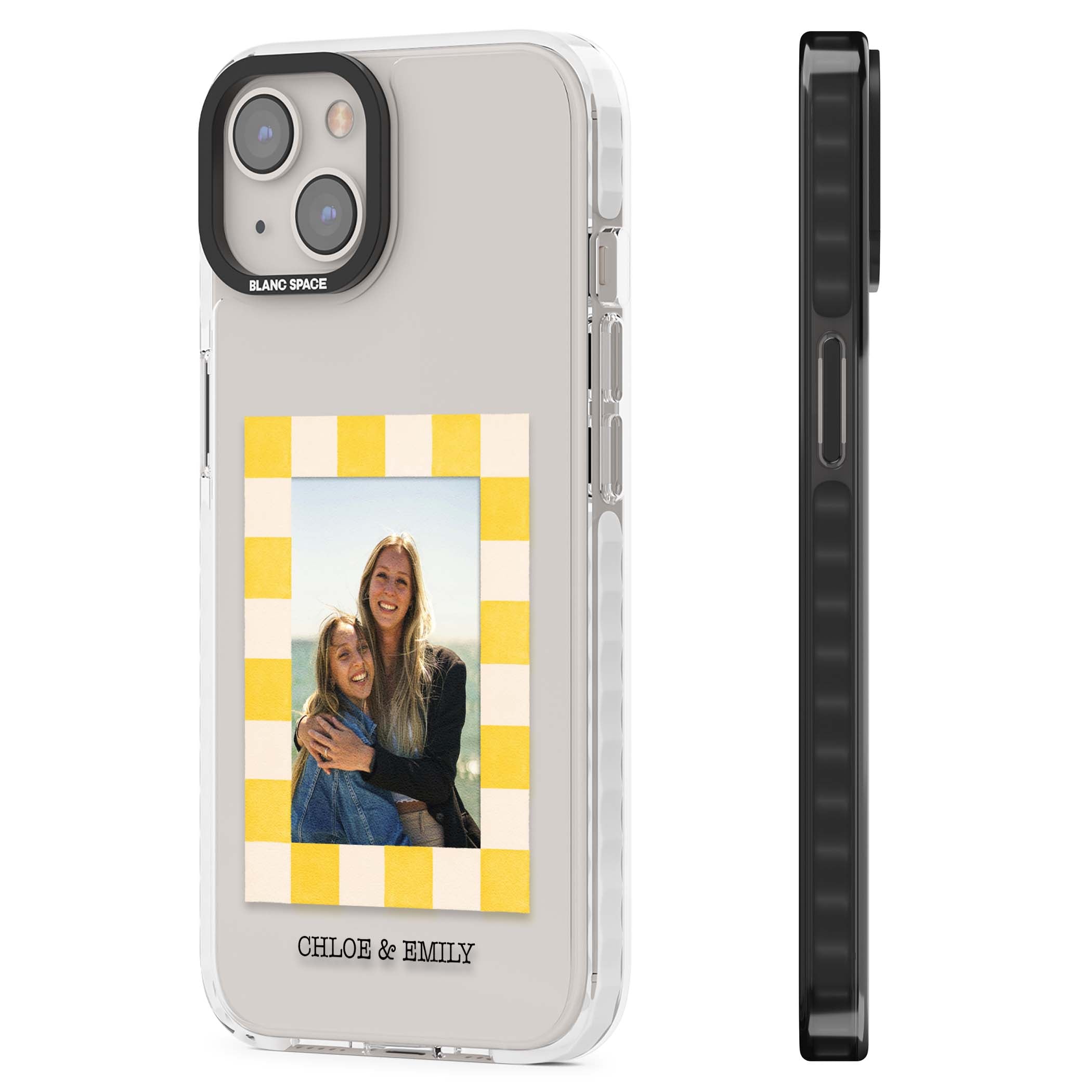 Yellow Check Photo personalised iPhone case with yellow checkered Polaroid frame and custom names beneath | Clear Impact case for iPhone 13, iPhone 14, iPhone 15