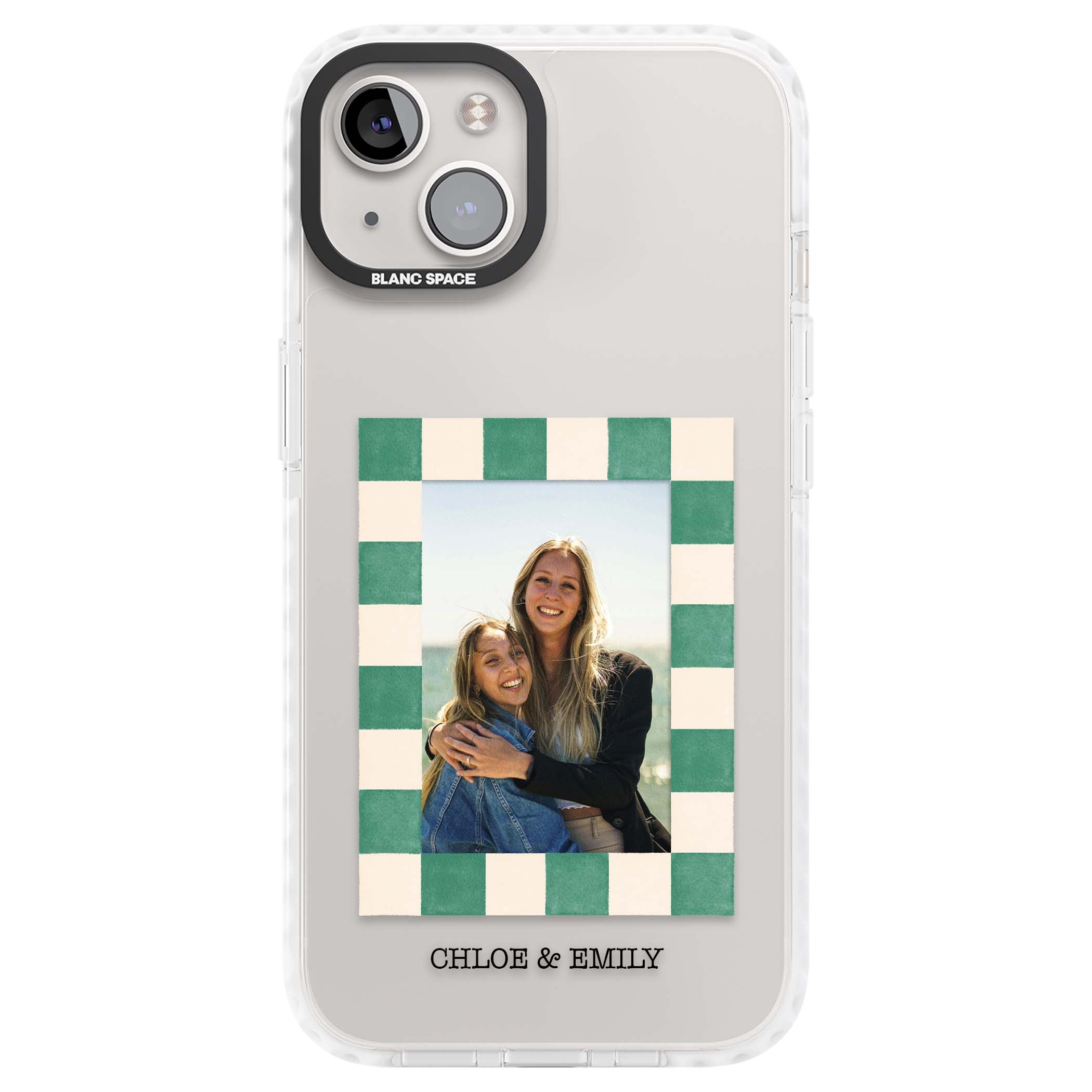 Seafoam Check Photo personalised iPhone case featuring a custom polaroid photo, green and cream checkered frame, and custom n | Clear Impact case for iPhone 13, iPhone 14, iPhone 15