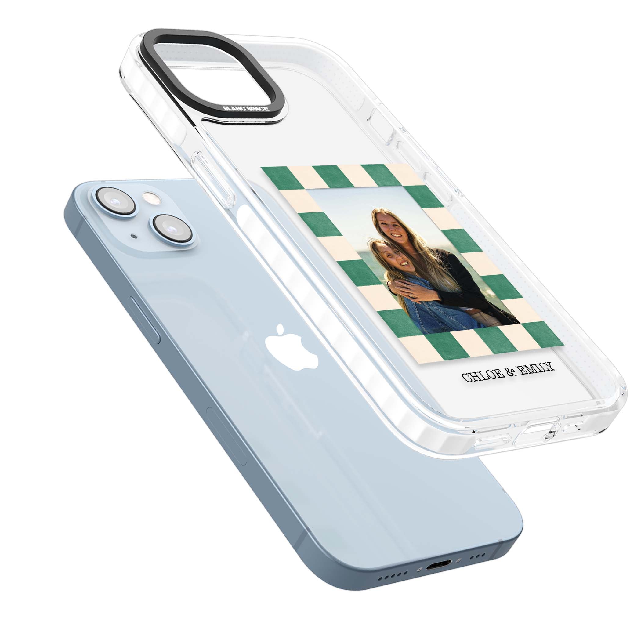 Seafoam Check Photo personalised iPhone case featuring a custom polaroid photo, green and cream checkered frame, and custom n | Clear Impact case for iPhone 13, iPhone 14, iPhone 15