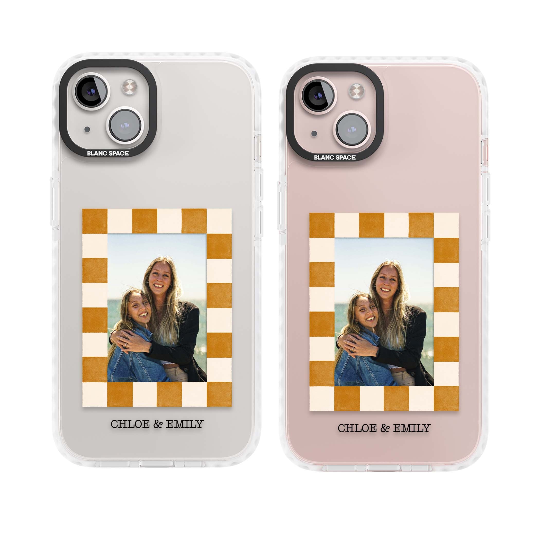Citrus Check Photo personalised iPhone case with custom photo, orange checkered frame and names underneath | Clear Impact case for iPhone 13, iPhone 14, iPhone 15