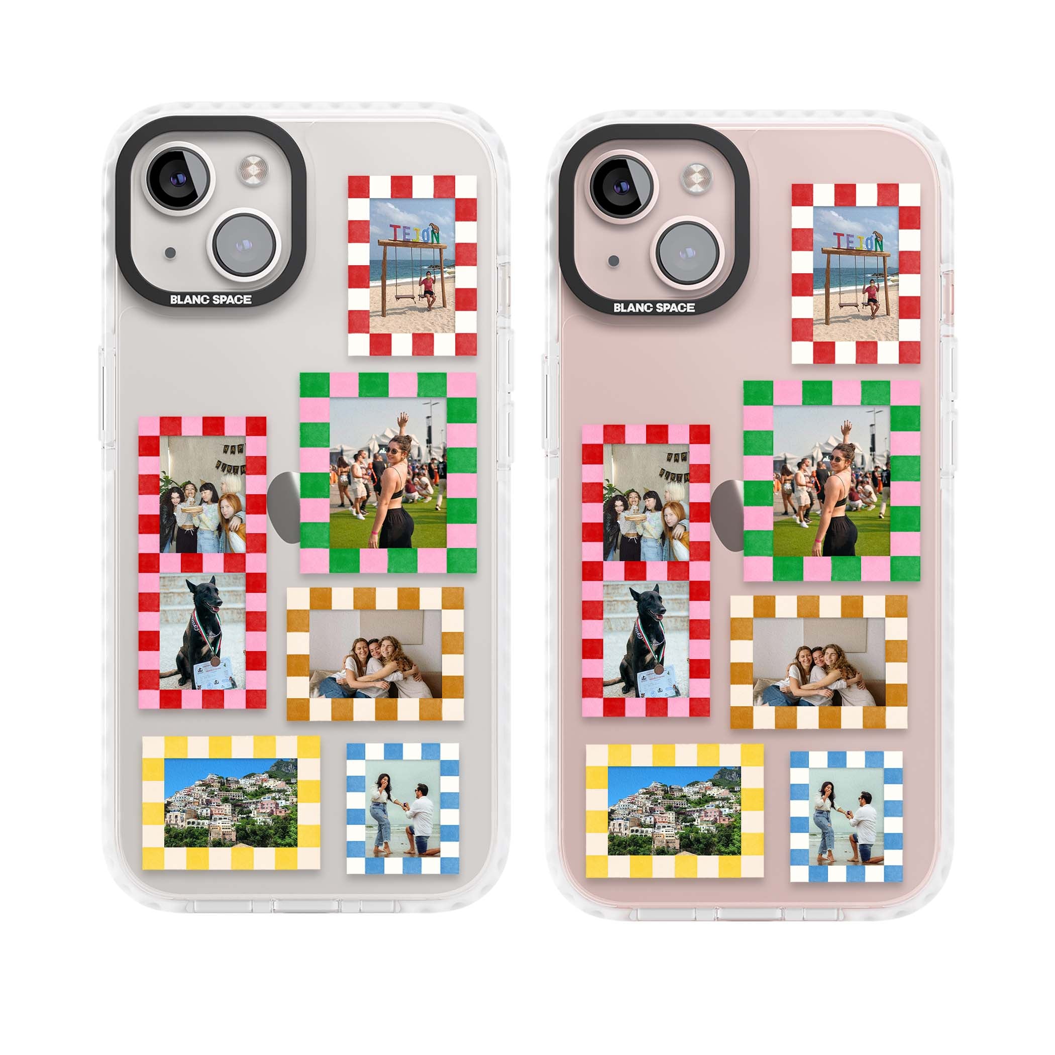 Italian Check Frames custom photo collage iPhone case featuring six checkered photo frames in red, green, pink and | Clear Impact case for iPhone 13, iPhone 14, iPhone 15