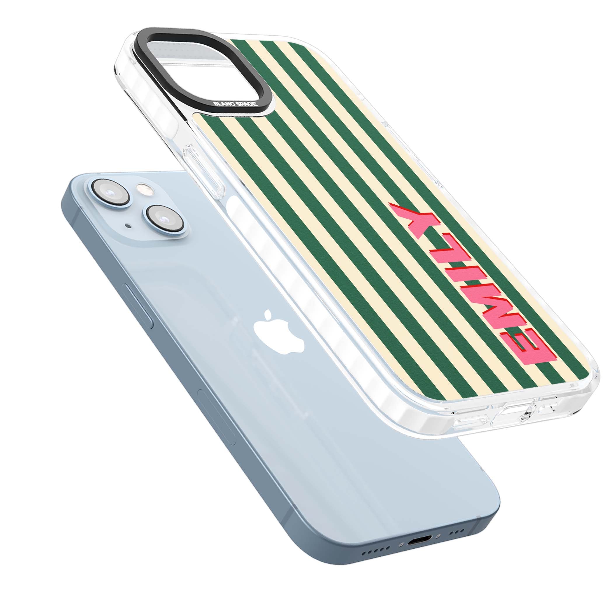 Wimbledon Stripe preppy iPhone case featuring green and cream vertical stripes with a personalised pink name | Clear Impact case for iPhone 13, iPhone 14, iPhone 15