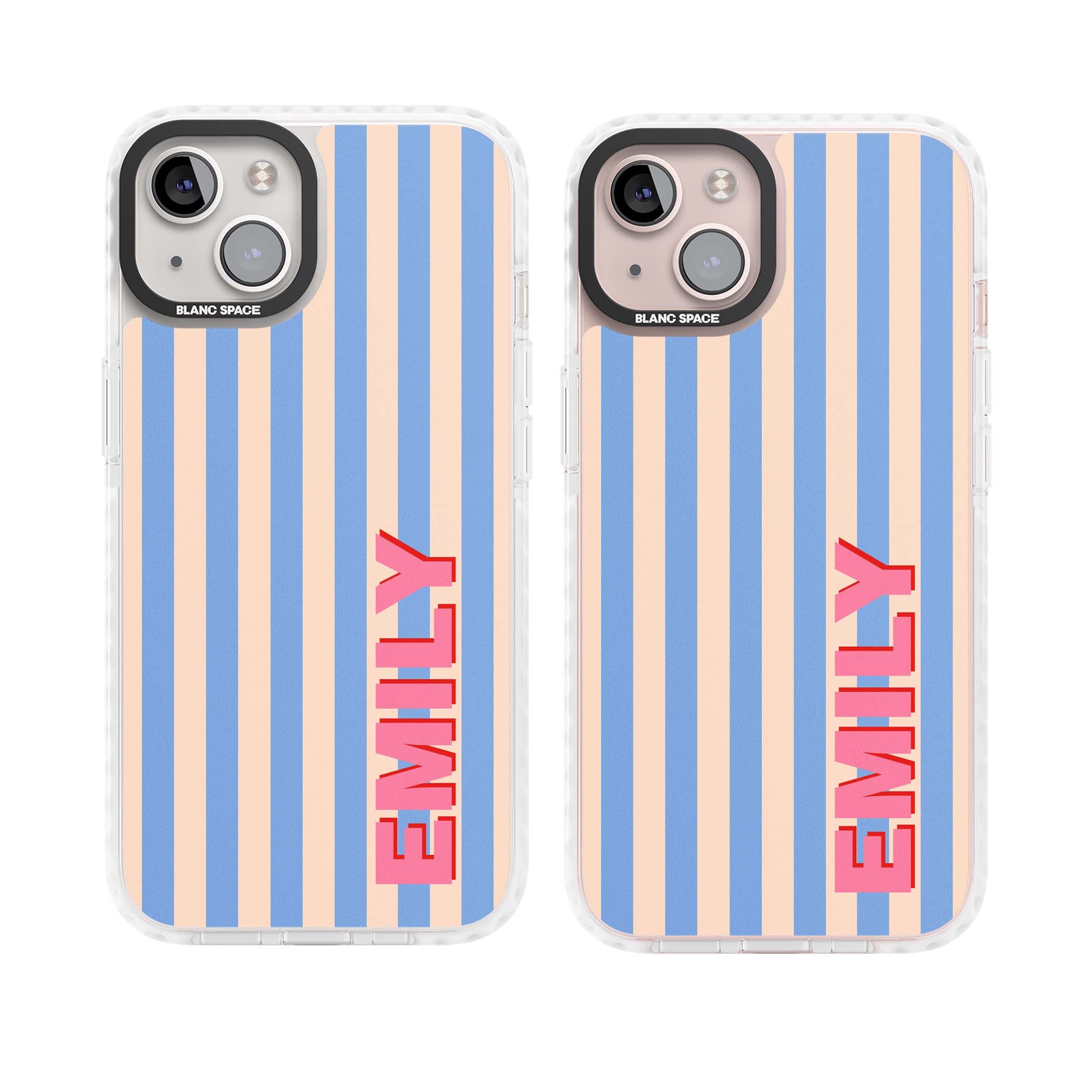 Coastal Stripe personalised coastal iPhone case with blue and peach vertical stripes and custom pink name | Clear Impact case for iPhone 13, iPhone 14, iPhone 15