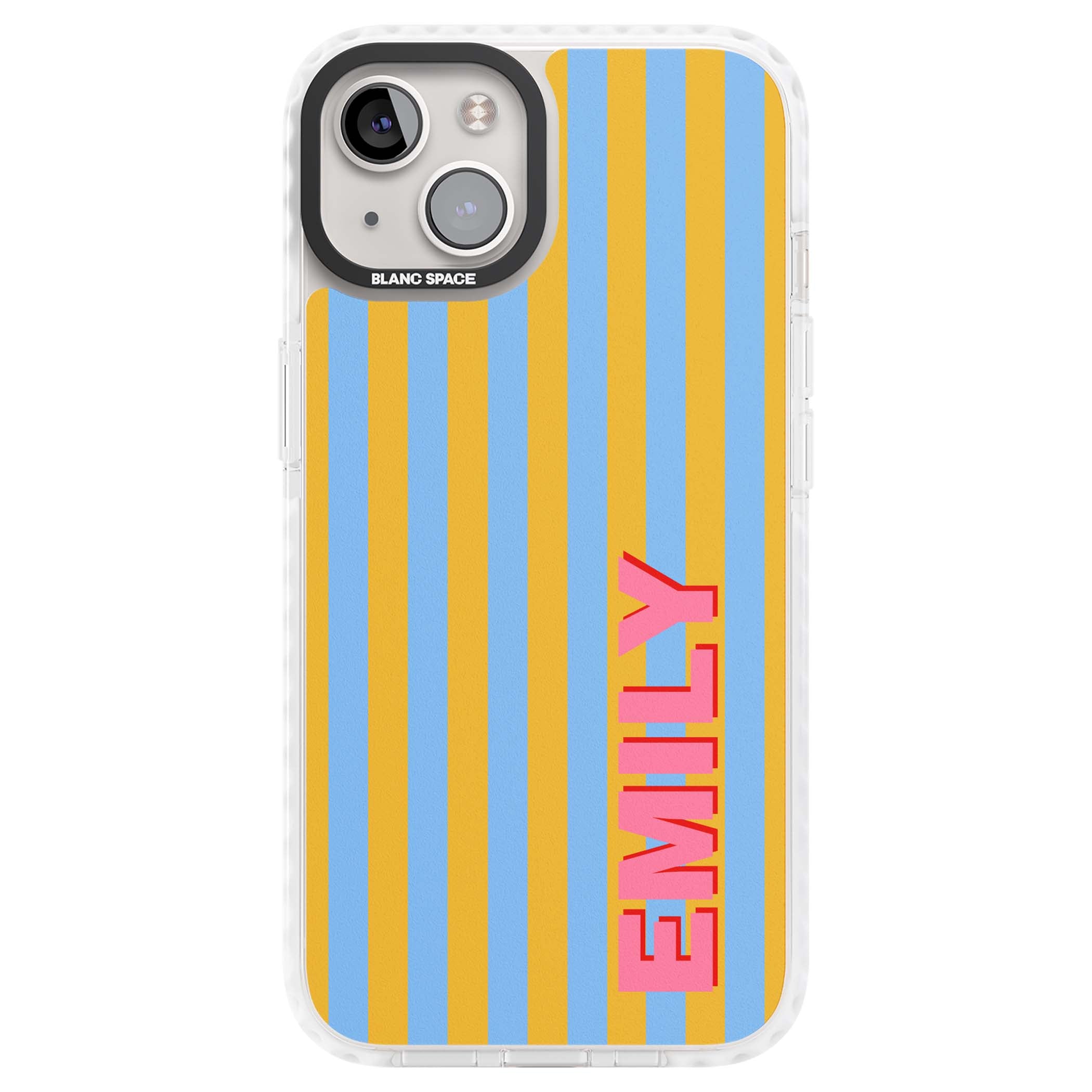 Carribean Stripe personalised coastal iPhone case with yellow and blue vertical stripes and a custom pink name | Clear Impact case for iPhone 13, iPhone 14, iPhone 15