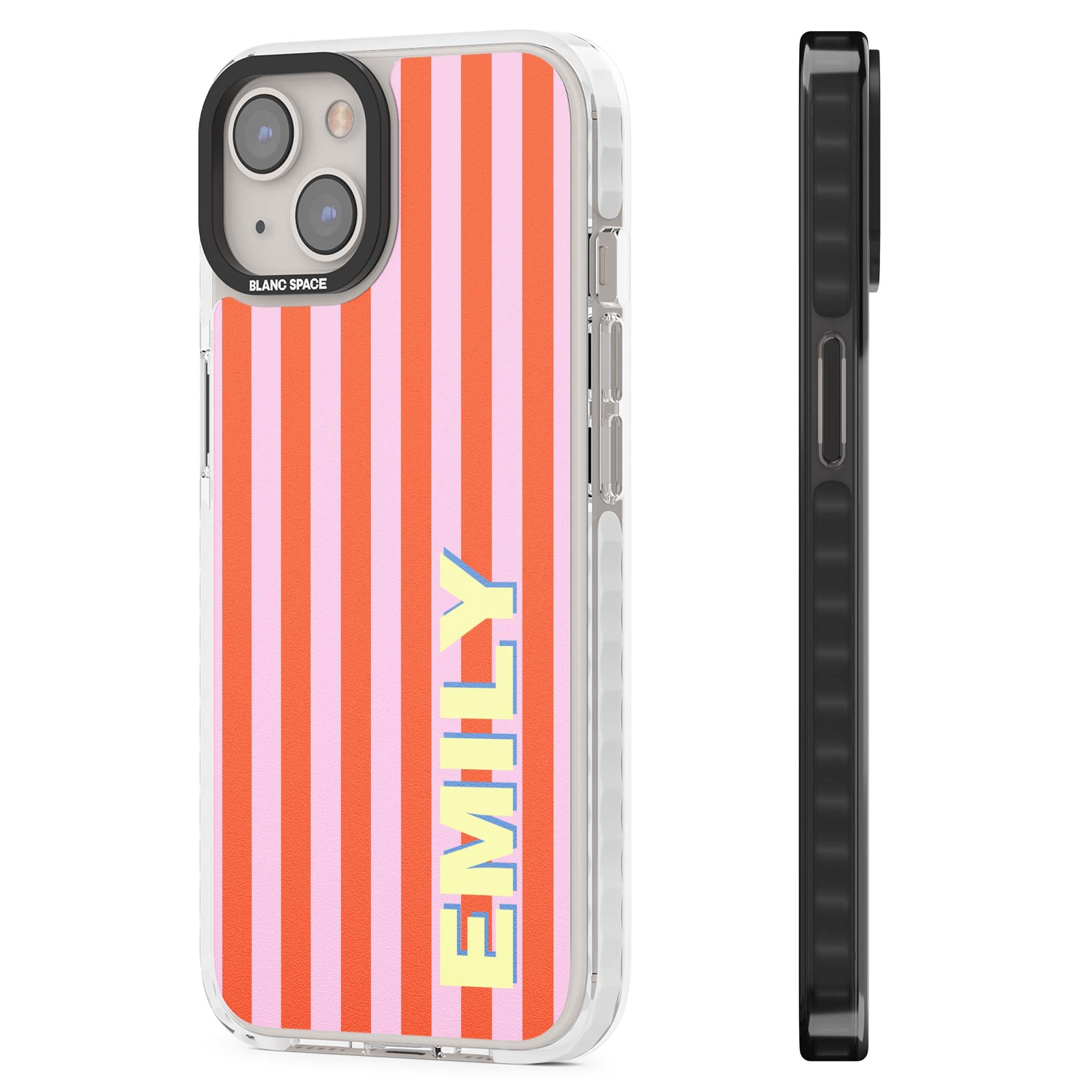 Havana Stripe personalised iPhone case featuring pink and orange vertical stripes with a custom yellow name | Clear Impact case for iPhone 13, iPhone 14, iPhone 15