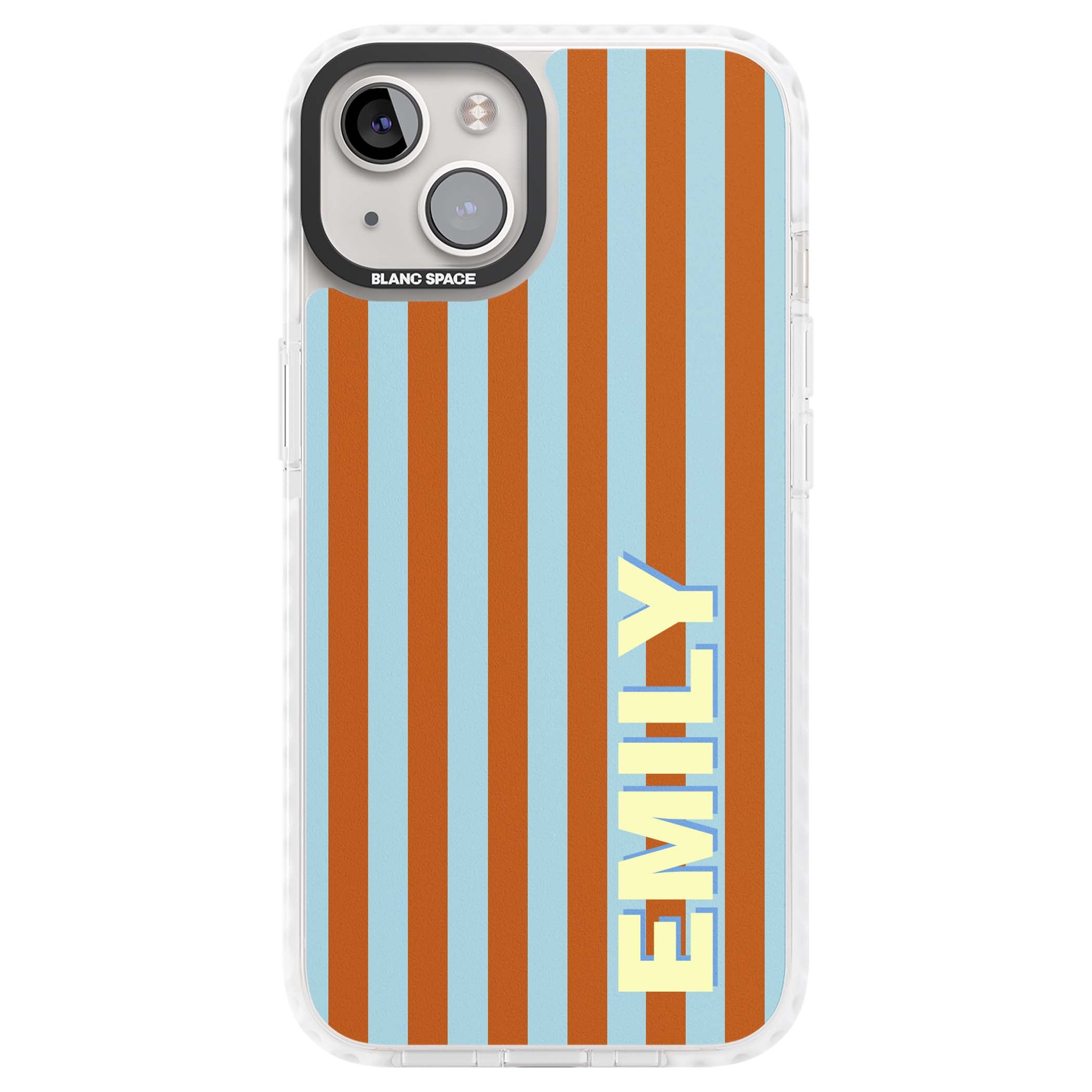 Cappadocia Stripe personalised coastal iPhone case featuring blue and orange vertical stripes with custom cream name | Clear Impact case for iPhone 13, iPhone 14, iPhone 15