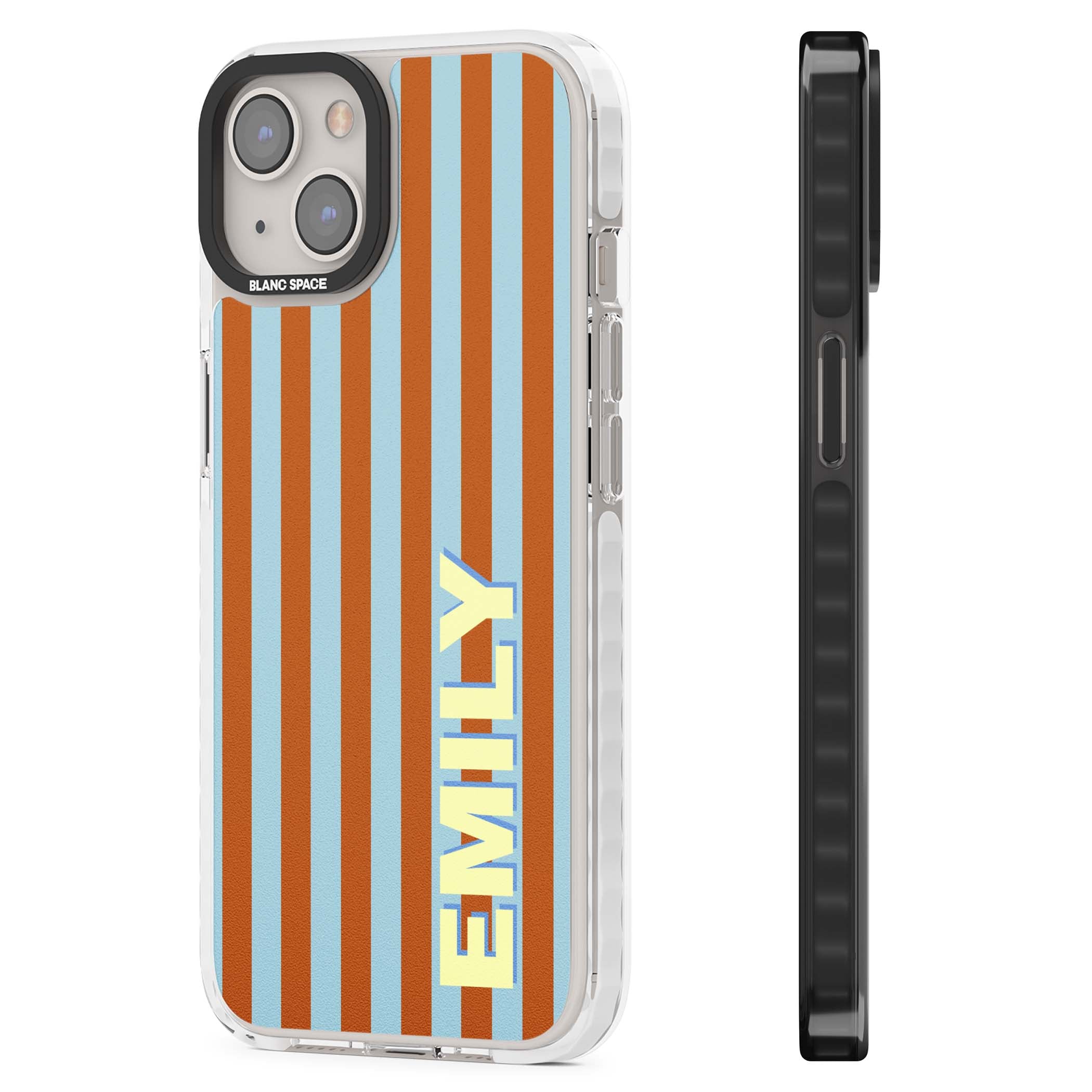 Cappadocia Stripe personalised coastal iPhone case featuring blue and orange vertical stripes with custom cream name | Clear Impact case for iPhone 13, iPhone 14, iPhone 15
