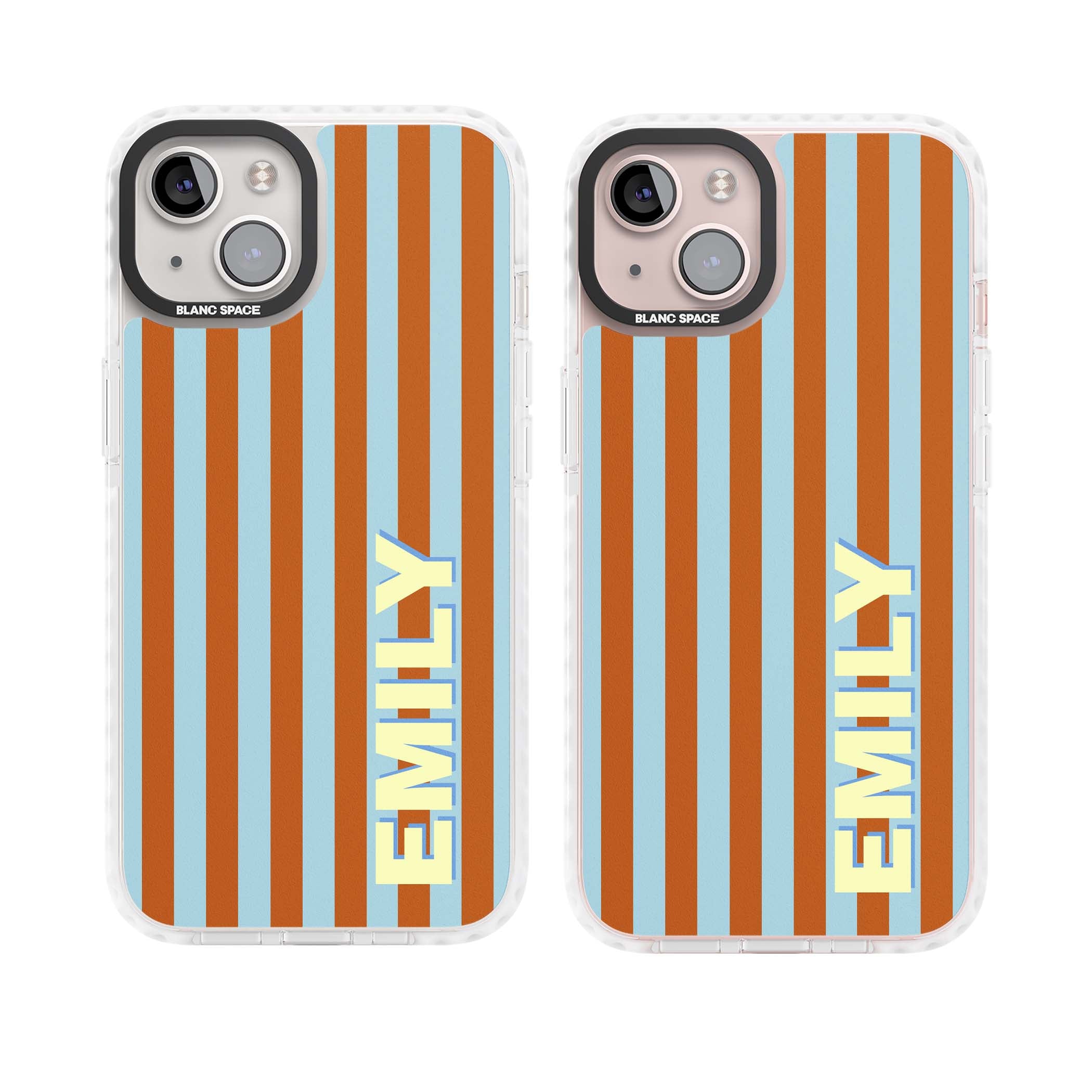 Cappadocia Stripe personalised coastal iPhone case featuring blue and orange vertical stripes with custom cream name | Clear Impact case for iPhone 13, iPhone 14, iPhone 15