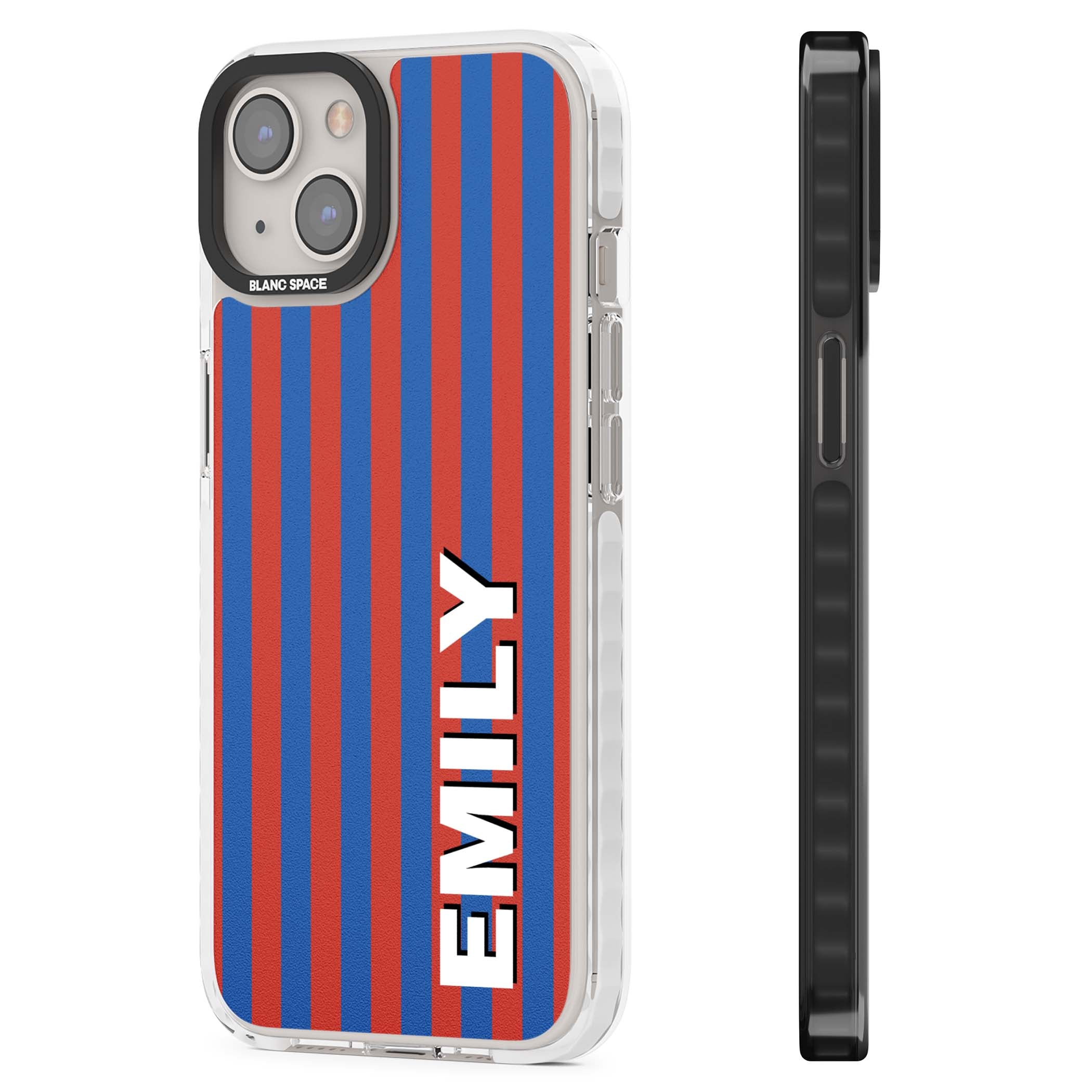 Cuban Stripe personalised iPhone case featuring red and blue vertical stripes with custom name in bold white letters | Clear Impact case for iPhone 13, iPhone 14, iPhone 15