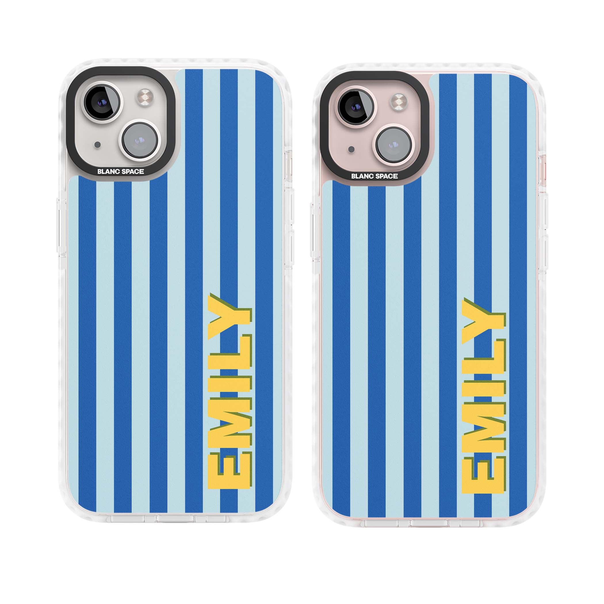 Athenian Stripe personalised preppy iPhone case featuring blue vertical stripes and a custom yellow name | Clear Impact case for iPhone 13, iPhone 14, iPhone 15