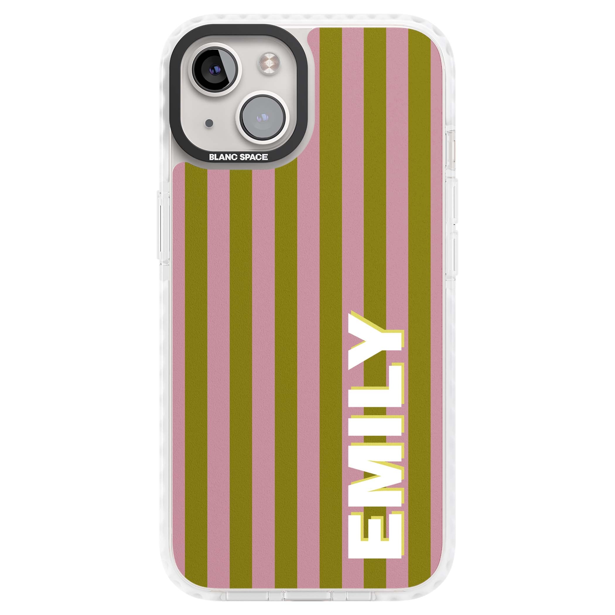 Istanbul Stripe personalised iPhone case featuring pink and olive green vertical stripes with a custom vertical name | Clear Impact case for iPhone 13, iPhone 14, iPhone 15