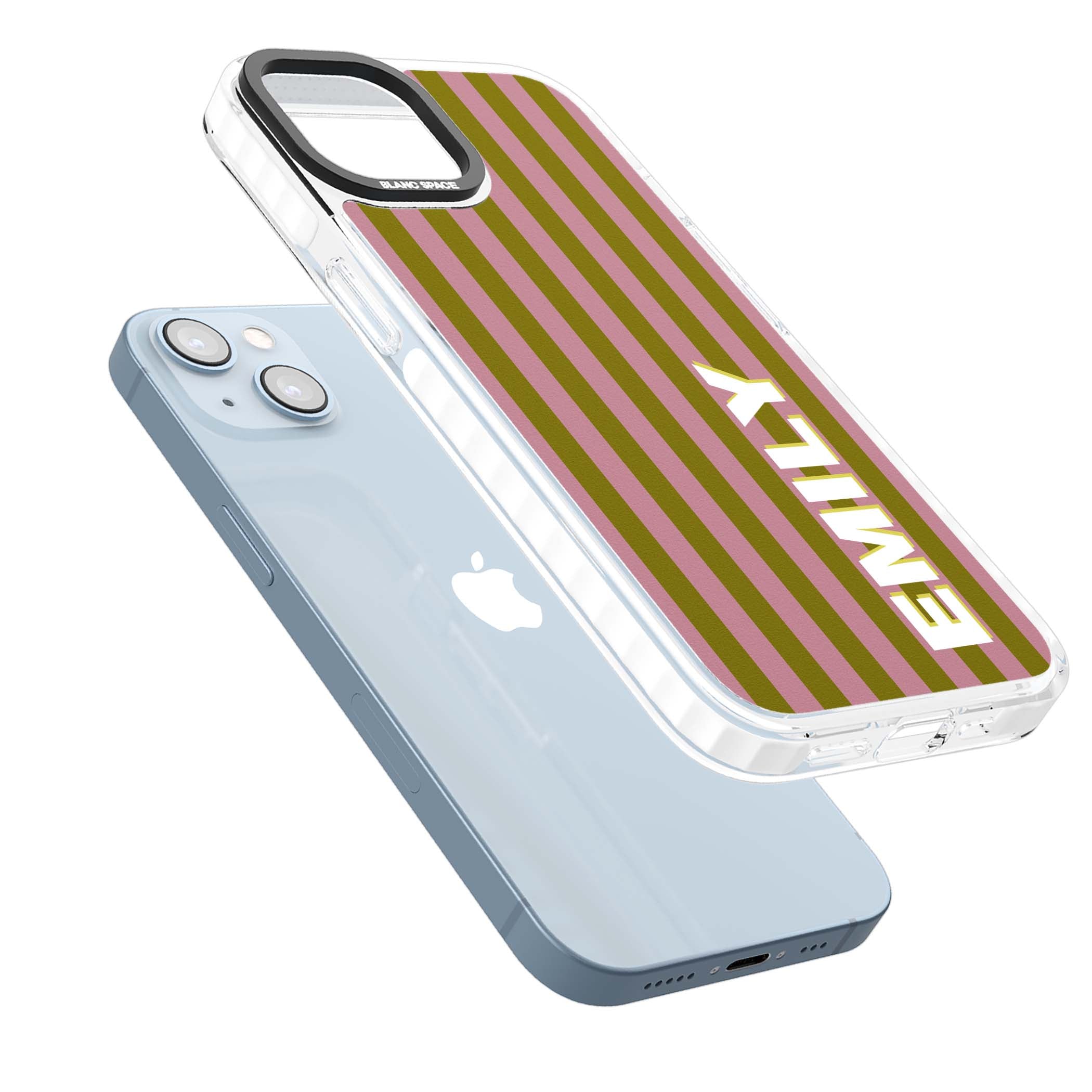 Istanbul Stripe personalised iPhone case featuring pink and olive green vertical stripes with a custom vertical name | Clear Impact case for iPhone 13, iPhone 14, iPhone 15