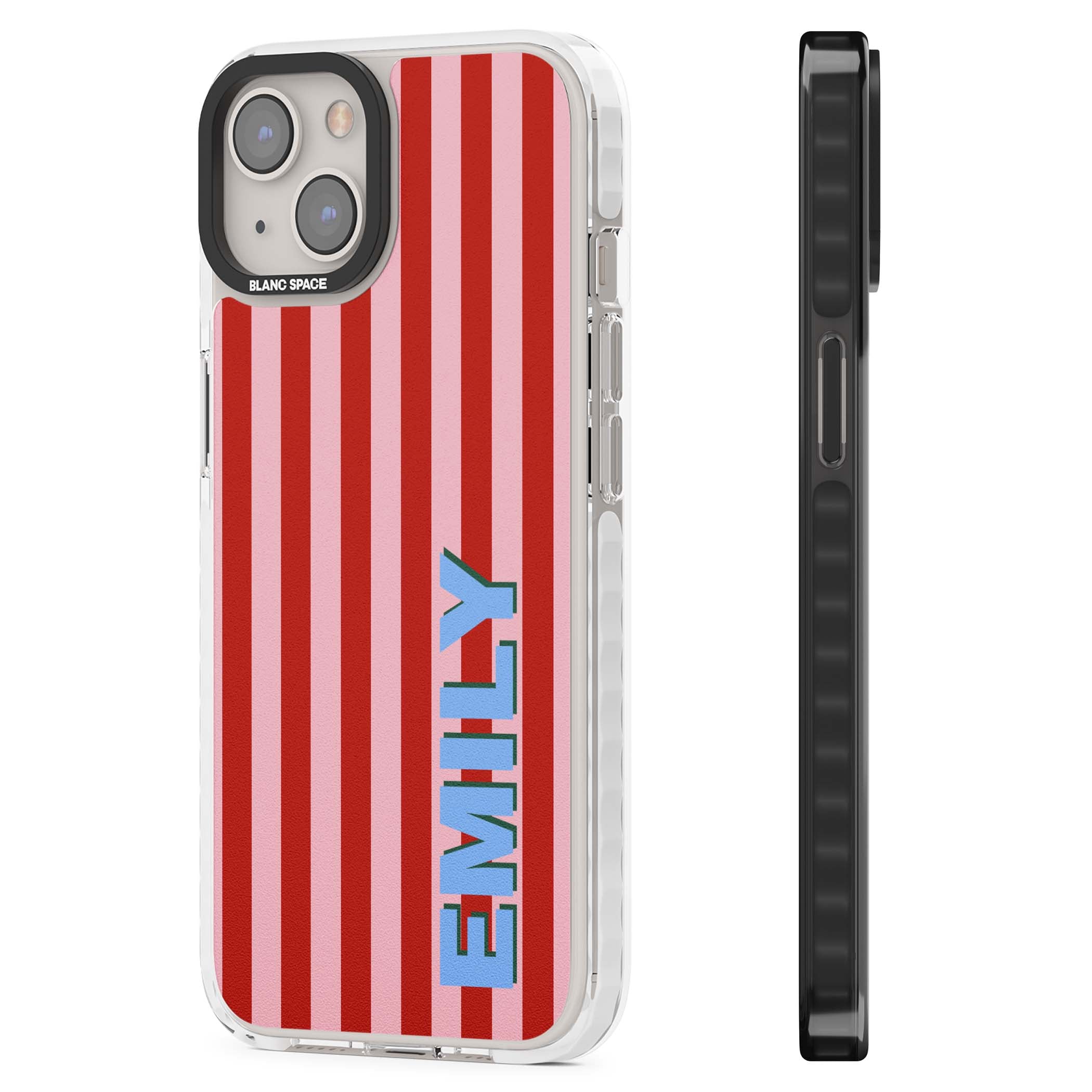 Market Stripe personalised iPhone case with red and pink vertical stripes and custom blue name | Clear Impact case for iPhone 13, iPhone 14, iPhone 15
