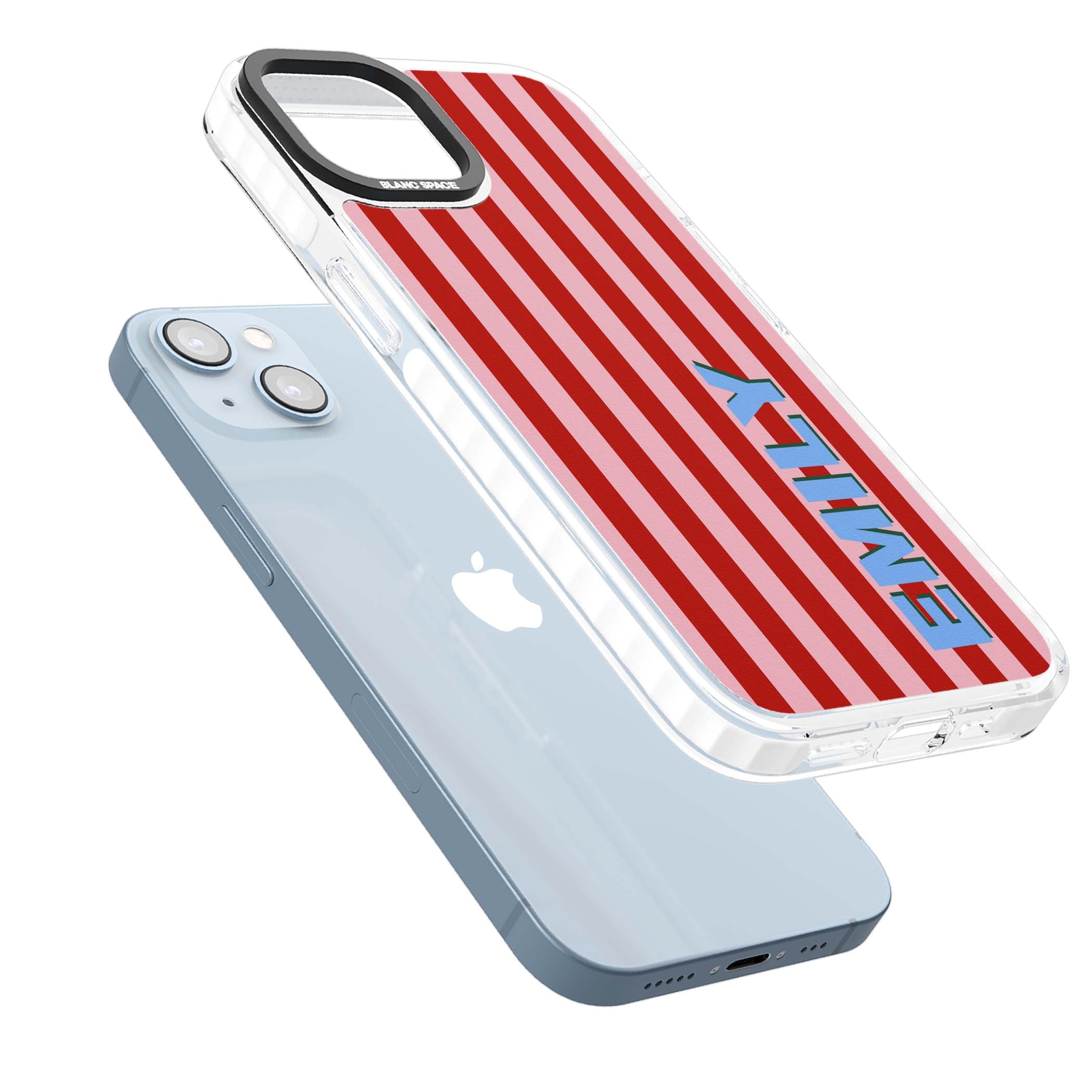 Market Stripe personalised iPhone case with red and pink vertical stripes and custom blue name | Clear Impact case for iPhone 13, iPhone 14, iPhone 15
