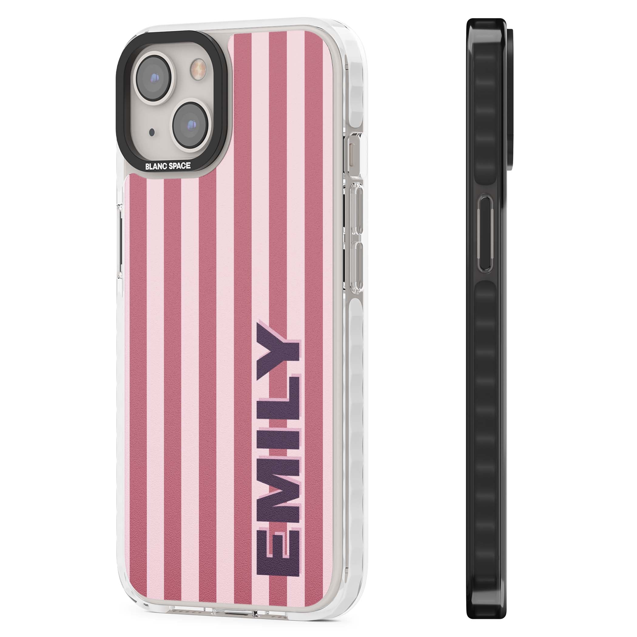 Victoria Stripe personalised iPhone case featuring pink vertical stripes and custom name in bold plum lettering | Clear Impact case for iPhone 13, iPhone 14, iPhone 15