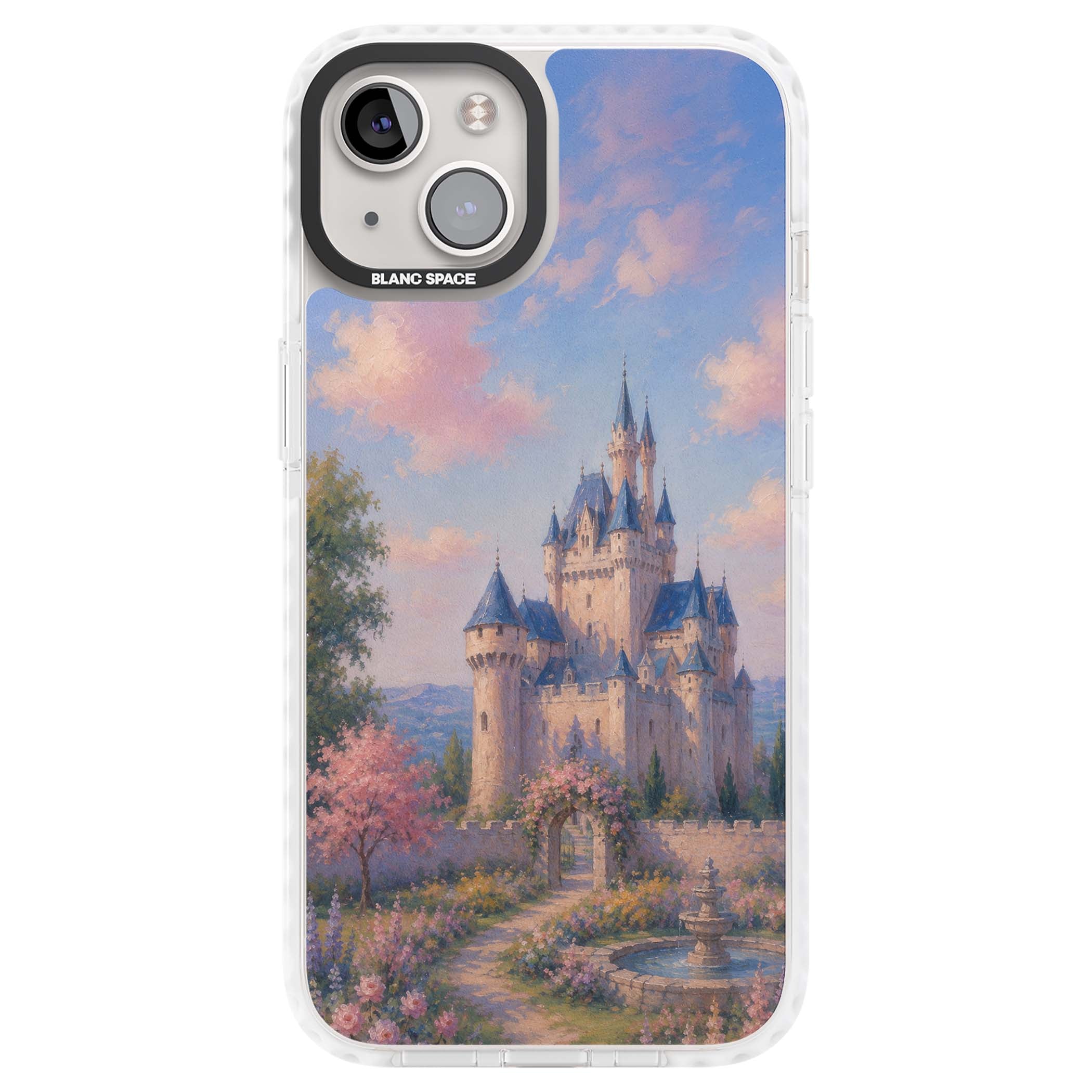 Enchanted Kingdom fairytale iPhone case featuring a romantic castle painting with cherry blossoms and pastel pink sky | Clear Impact case for iPhone 13, iPhone 14, iPhone 15