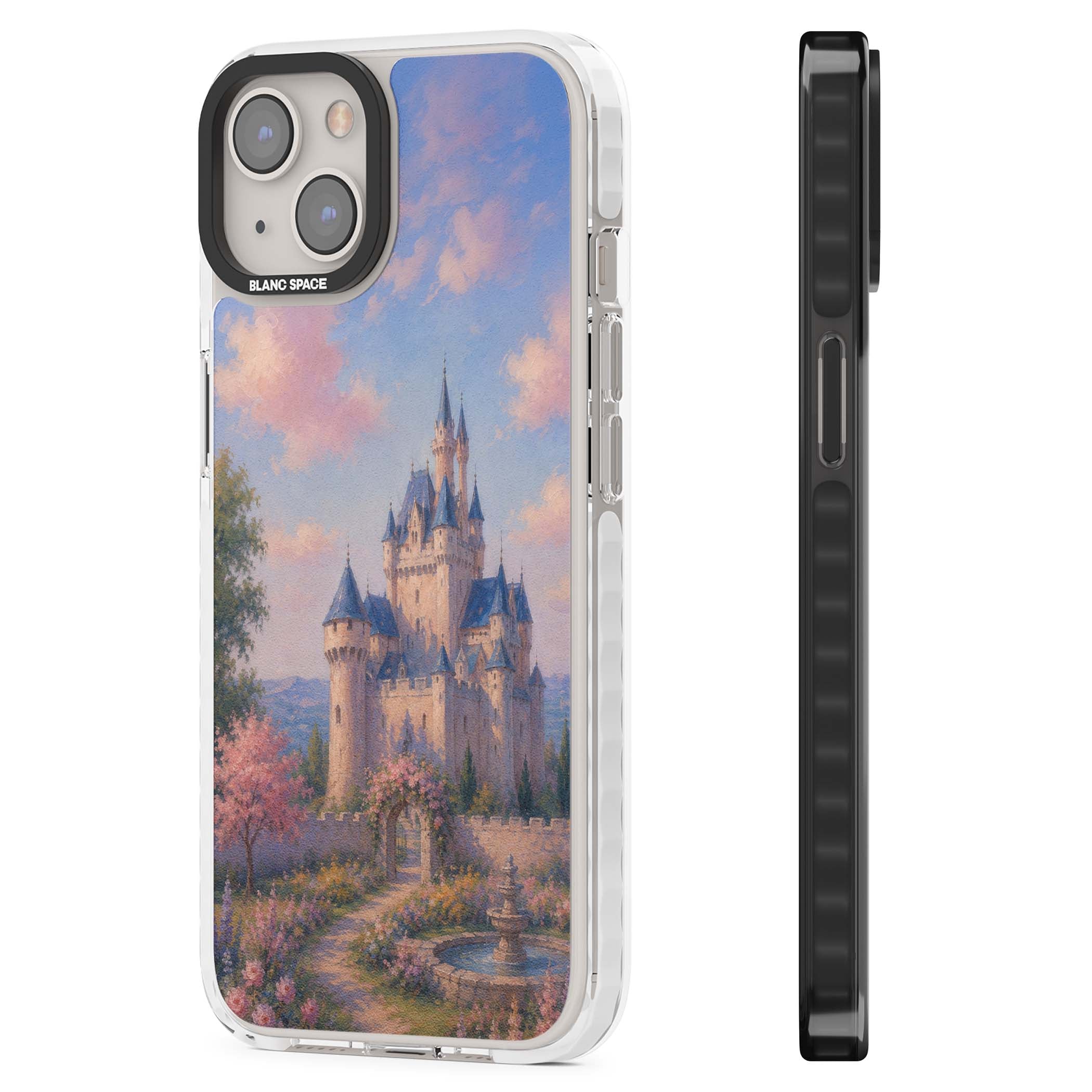 Enchanted Kingdom fairytale iPhone case featuring a romantic castle painting with cherry blossoms and pastel pink sky | Clear Impact case for iPhone 13, iPhone 14, iPhone 15