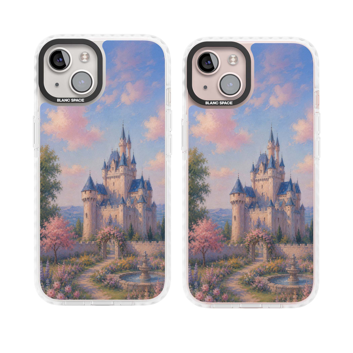 Enchanted Kingdom fairytale iPhone case featuring a romantic castle painting with cherry blossoms and pastel pink sky | Clear Impact case for iPhone 13, iPhone 14, iPhone 15