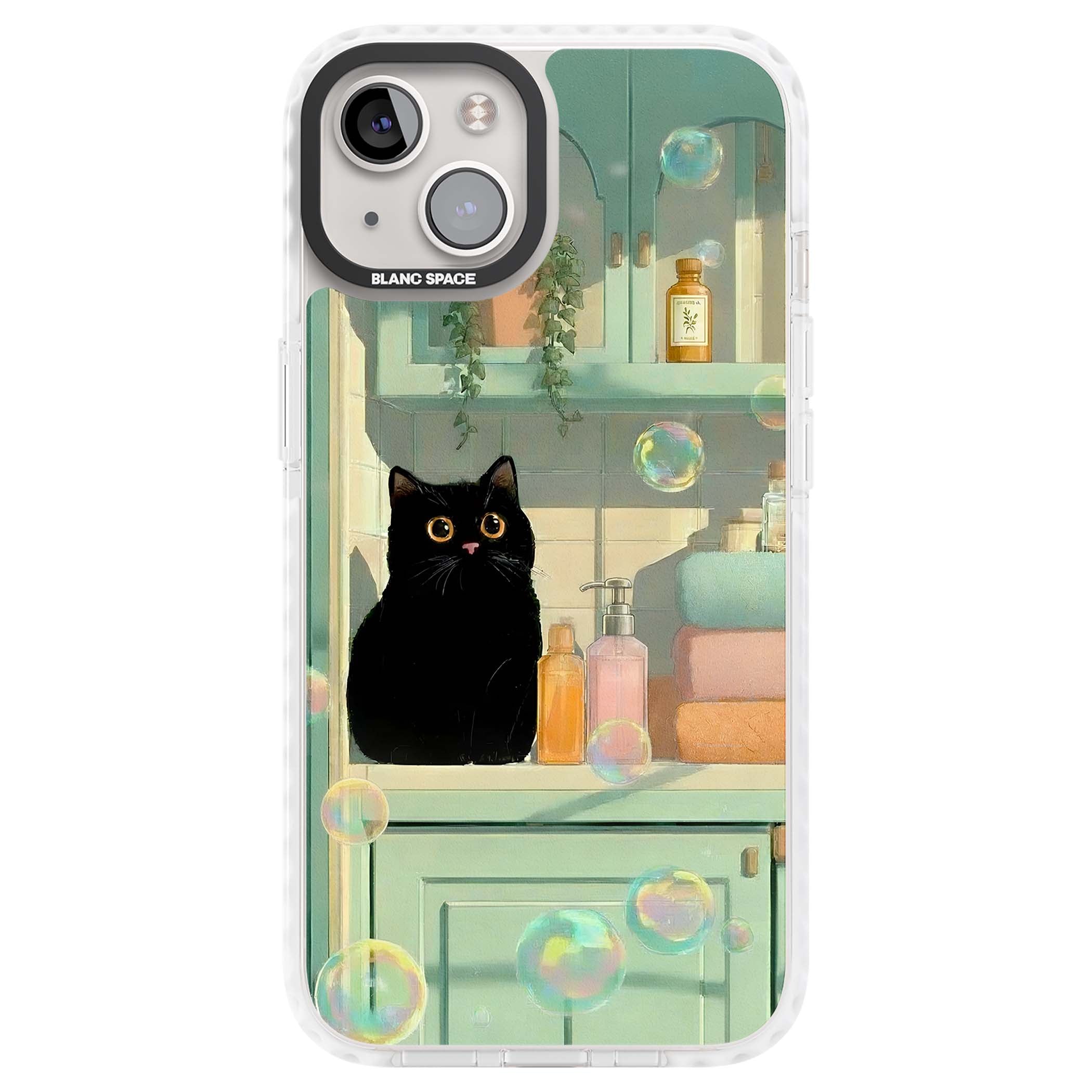 Bathroom Bubble Kitty cottagecore iPhone case featuring a black cat, mint bathroom scene and floating soap bubbles | Clear Impact case for iPhone 13, iPhone 14, iPhone 15