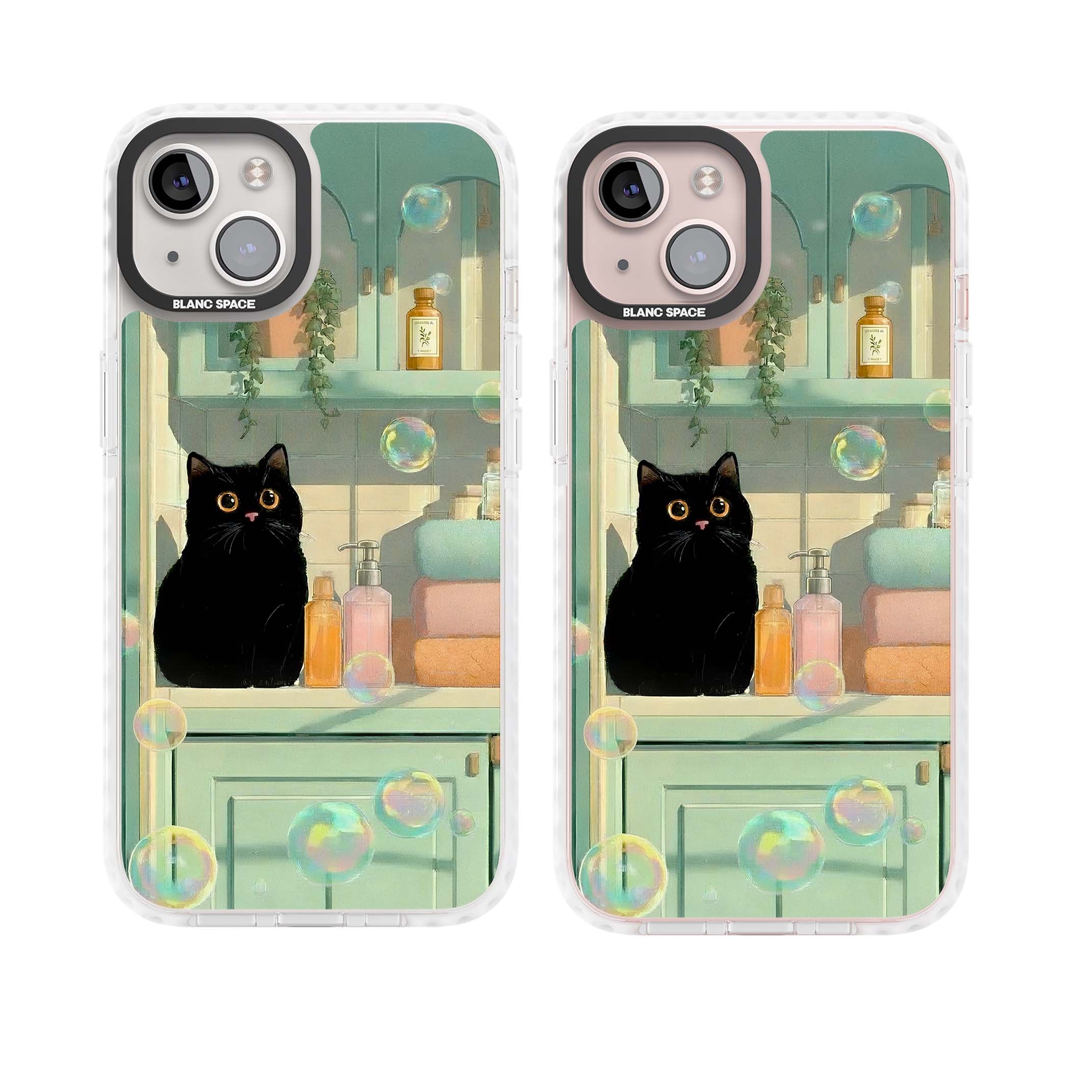 Bathroom Bubble Kitty cottagecore iPhone case featuring a black cat, mint bathroom scene and floating soap bubbles | Clear Impact case for iPhone 13, iPhone 14, iPhone 15