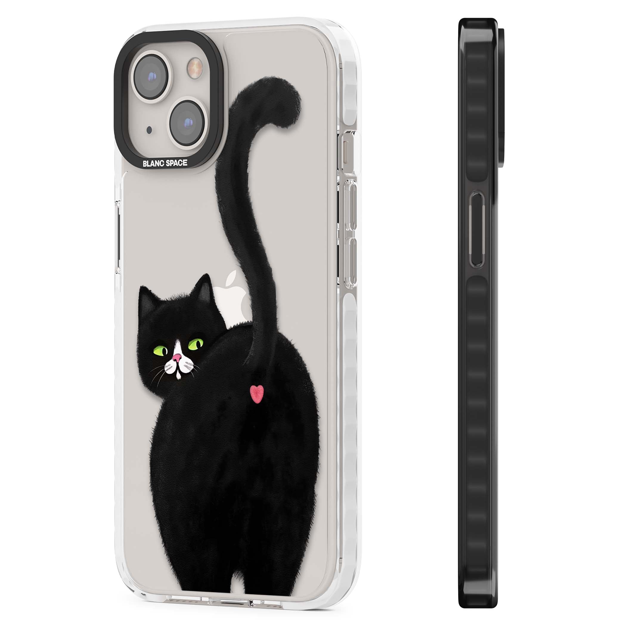 The Cat's Kiss cute cat iPhone case featuring a hand-painted tuxedo kitty with green eyes and a pink heart on a clear | Clear Impact case for iPhone 13, iPhone 14, iPhone 15