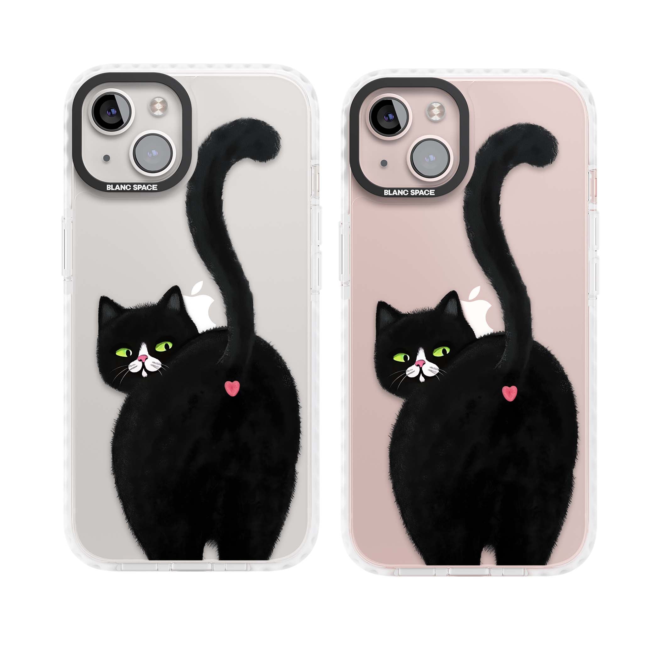 The Cat's Kiss cute cat iPhone case featuring a hand-painted tuxedo kitty with green eyes and a pink heart on a clear | Clear Impact case for iPhone 13, iPhone 14, iPhone 15