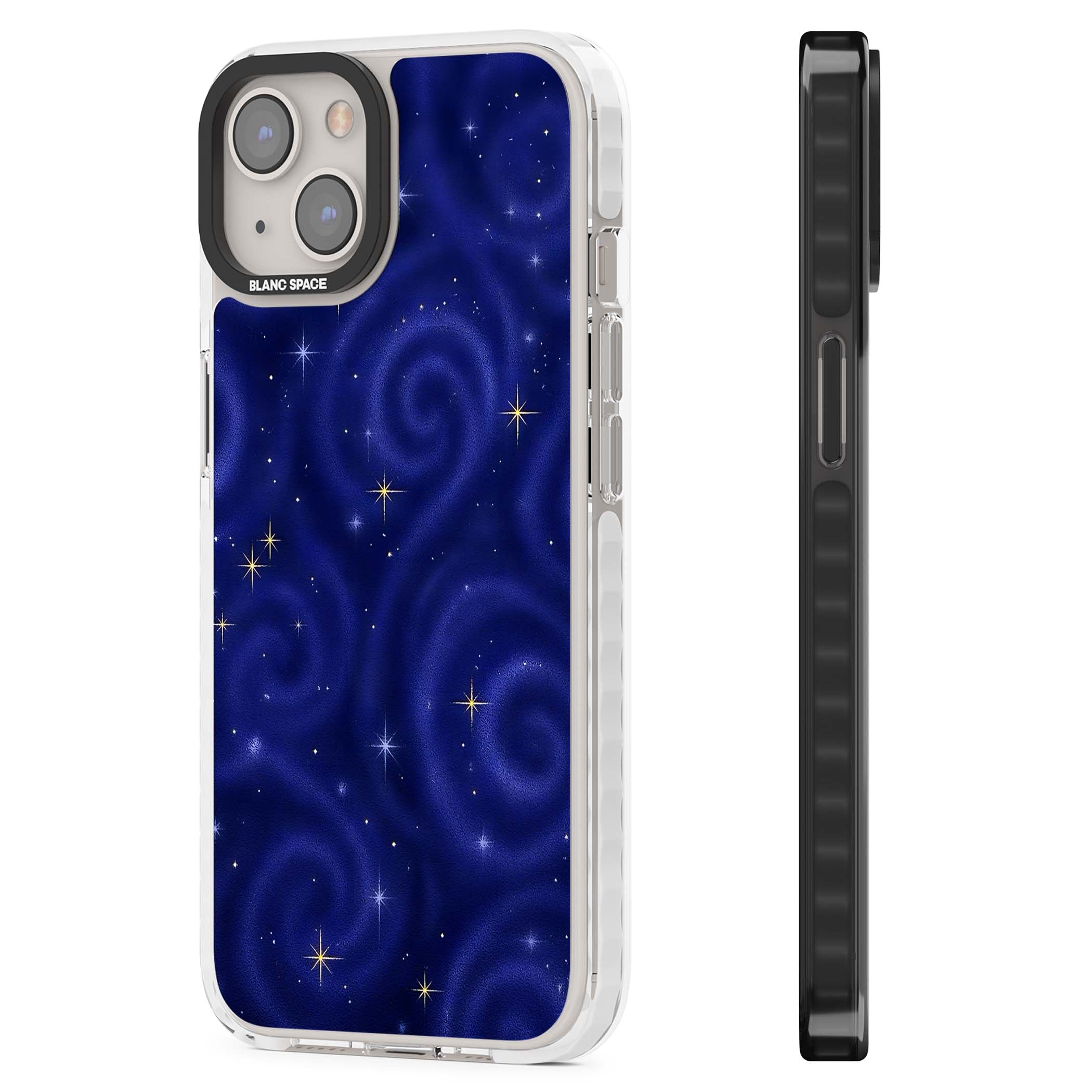 Indigo Cosmos celestial iPhone case featuring swirling navy night sky and sparkling golden stars | Clear Impact case for iPhone 13, iPhone 14, iPhone 15