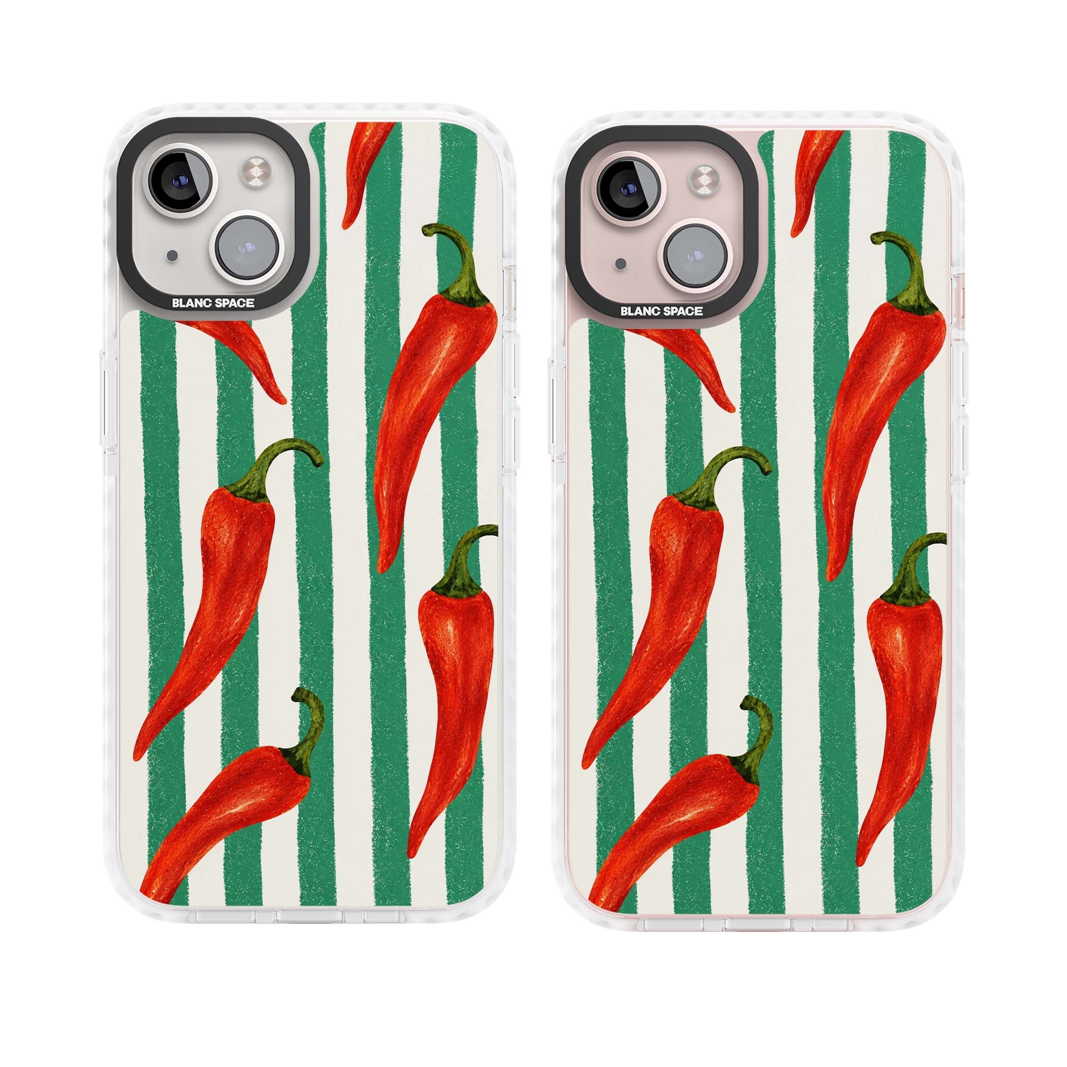 Striped Chillis coastal iPhone case featuring hand-painted red chili peppers on green and cream stripes | Clear Impact case for iPhone 13, iPhone 14, iPhone 15