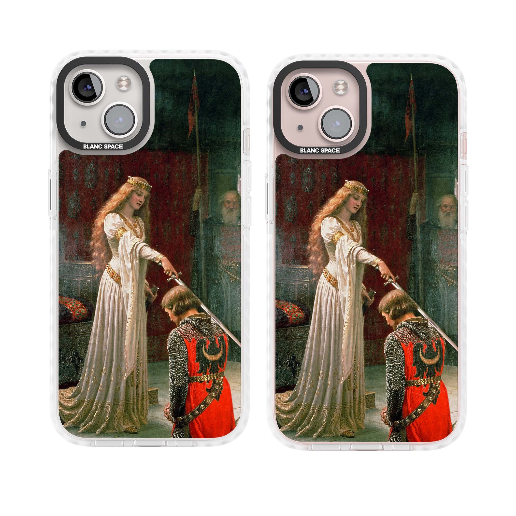 The Accolade renaissance art iPhone case featuring Edmund Blair Leighton's painting of a queen knighting a kneeling knight | Clear Impact case for iPhone 13, iPhone 14, iPhone 15