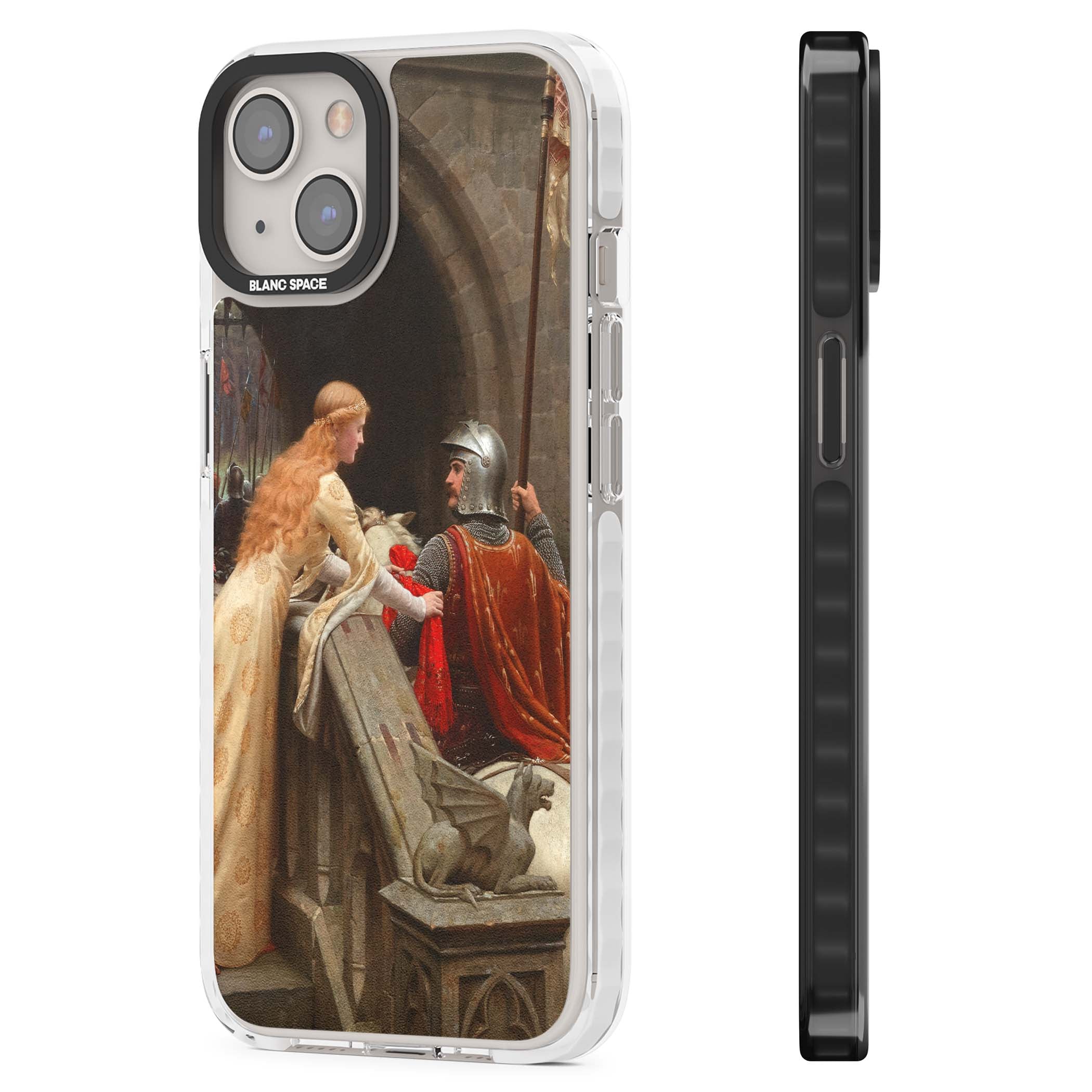 God Speed fine art iPhone case featuring Edmund Blair Leighton's medieval knight and lady beneath a stone archway | Clear Impact case for iPhone 13, iPhone 14, iPhone 15