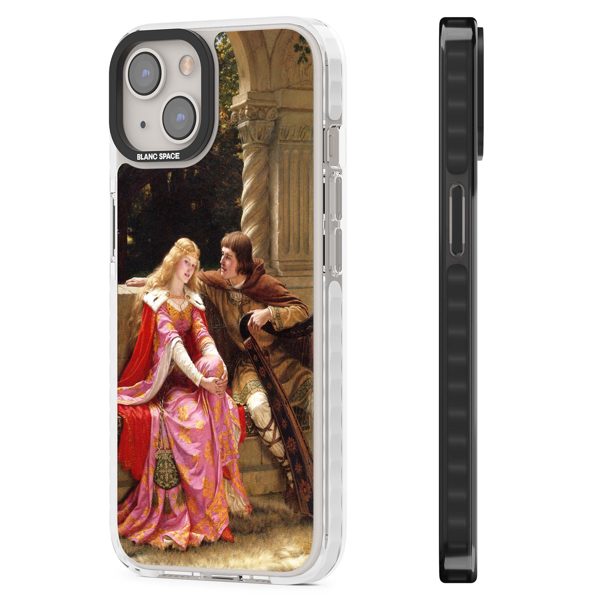 The End of the Song classic art iPhone case featuring a medieval lady in pink gown and her knight in a stone archway | Clear Impact case for iPhone 13, iPhone 14, iPhone 15