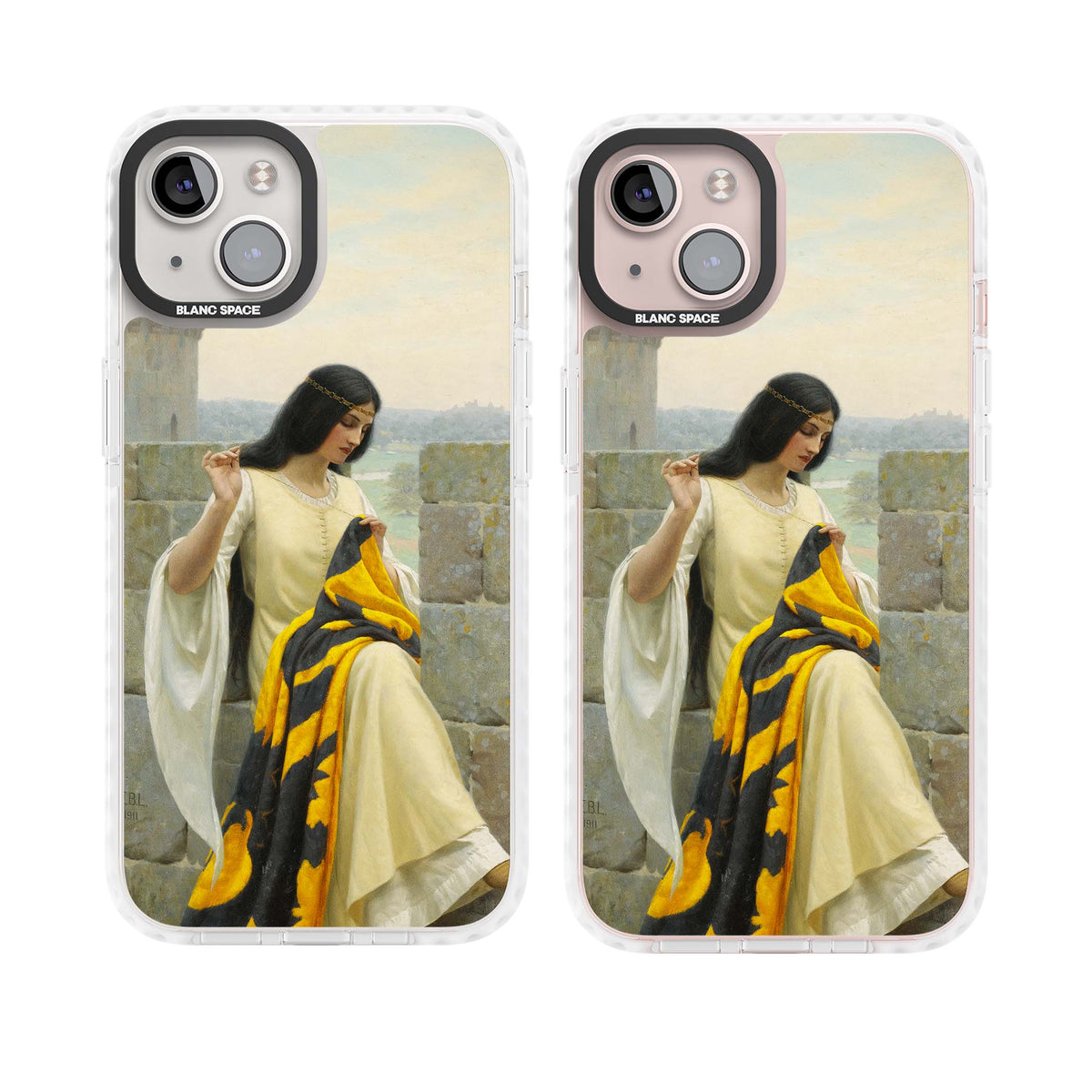 Stitching the Standard renaissance art iPhone case featuring a medieval lady sewing a golden banner on a castle wall | Clear Impact case for iPhone 13, iPhone 14, iPhone 15