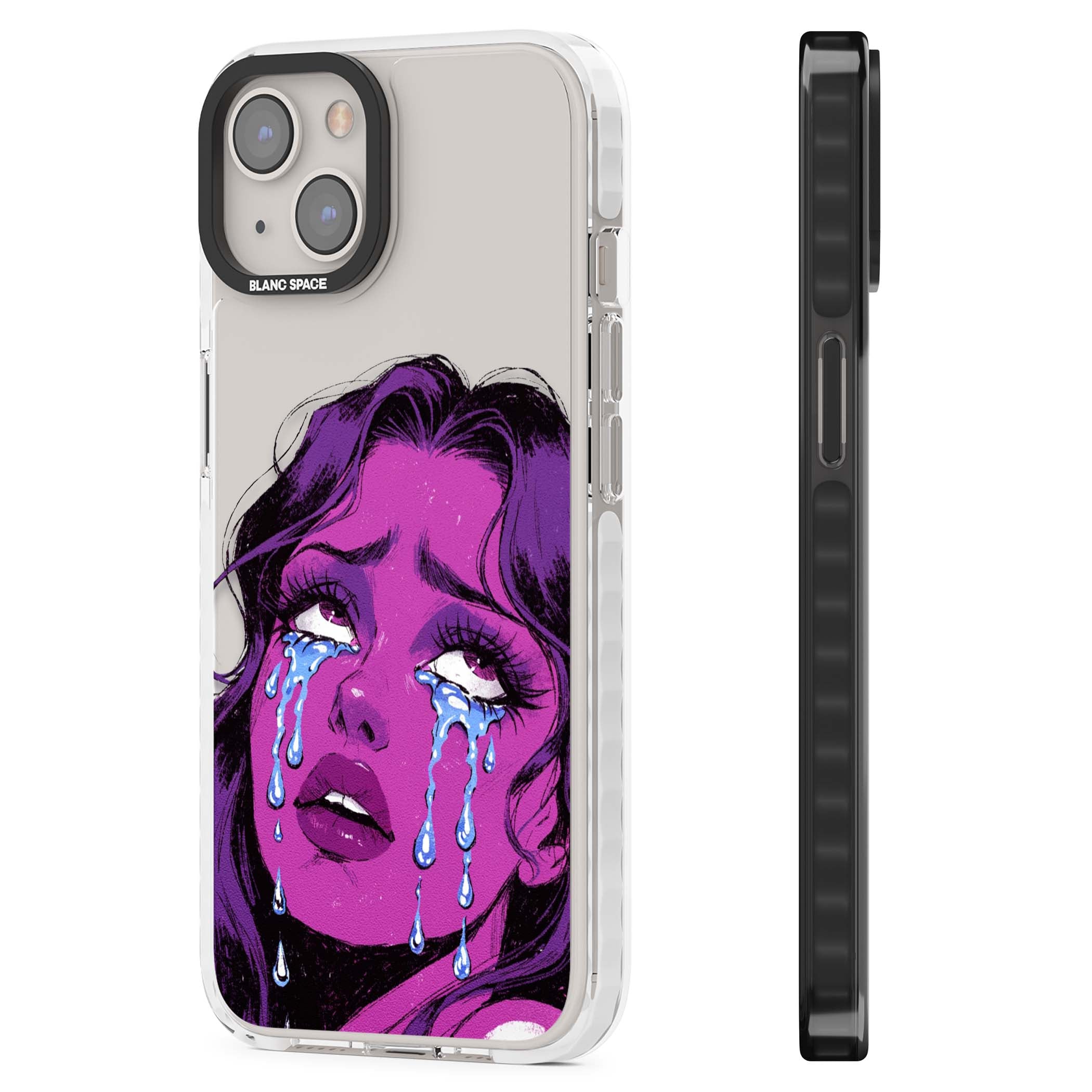 Drama Queen pop art iPhone case featuring a purple crying comic girl with blue tears | Clear Impact case for iPhone 13, iPhone 14, iPhone 15