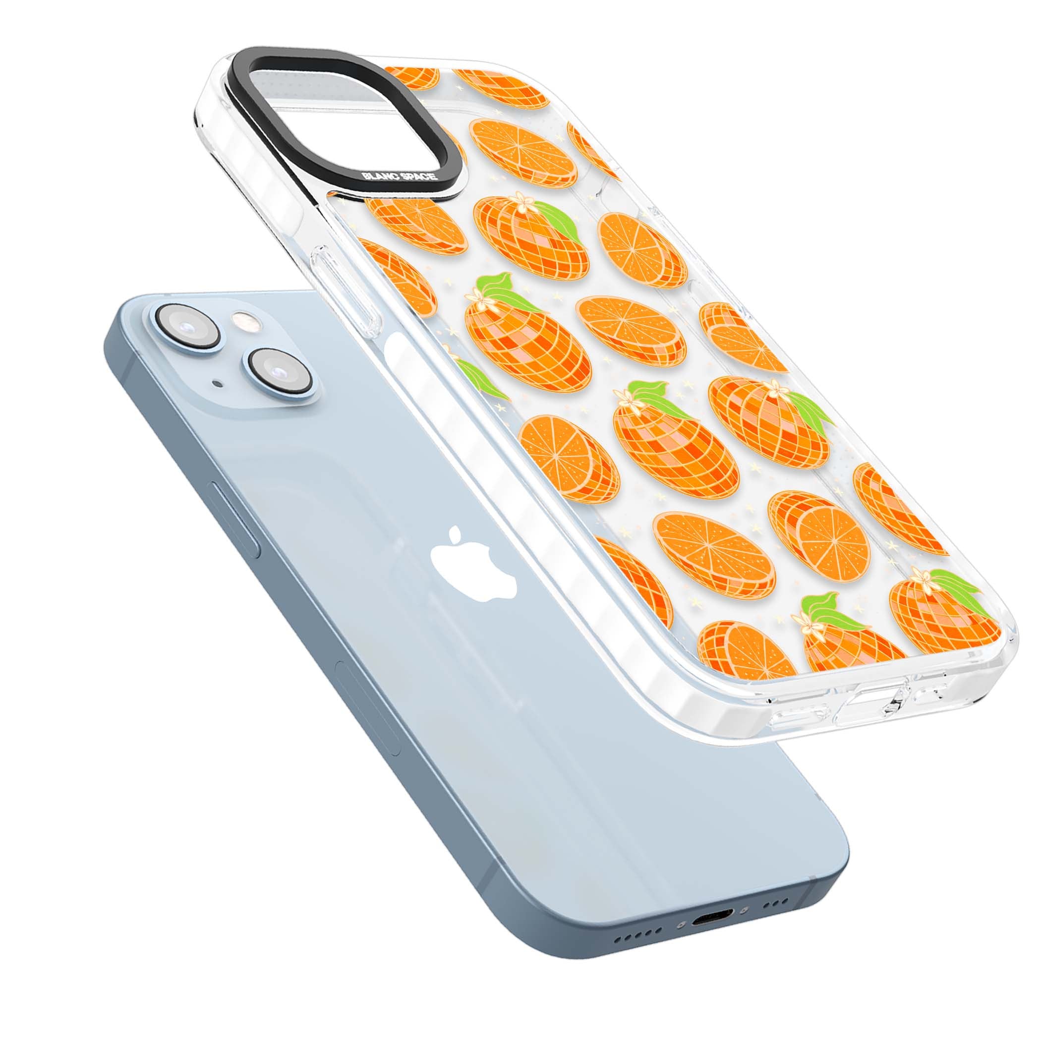 Disco Oranges retro iPhone case featuring mirrorball oranges, citrus slices and tiny blossoms on clear | Clear Impact case for iPhone 13, iPhone 14, iPhone 15