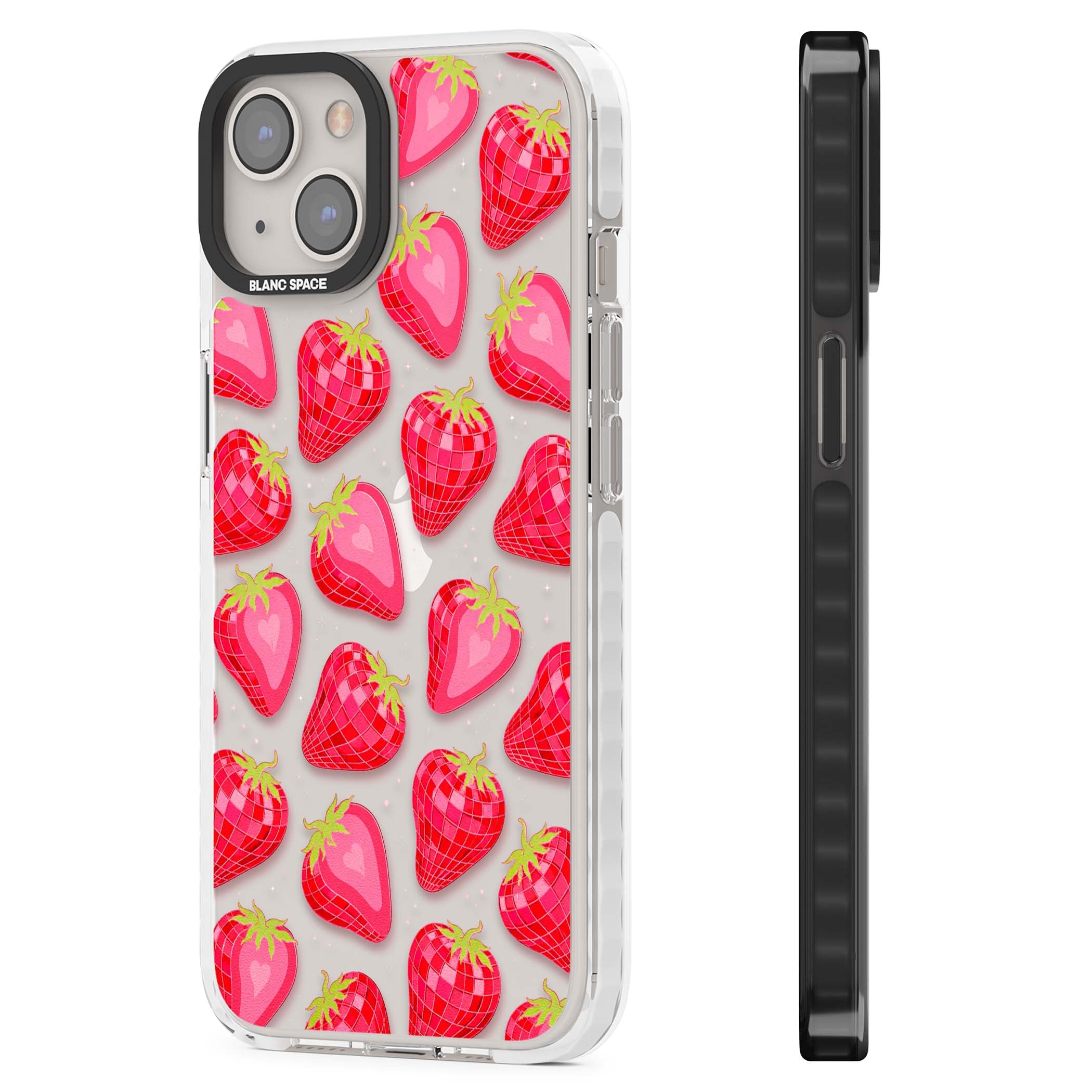 Disco Strawberry Y2K iPhone case featuring pink disco-ball strawberries, green leaves and tiny sparkles | Clear Impact case for iPhone 13, iPhone 14, iPhone 15
