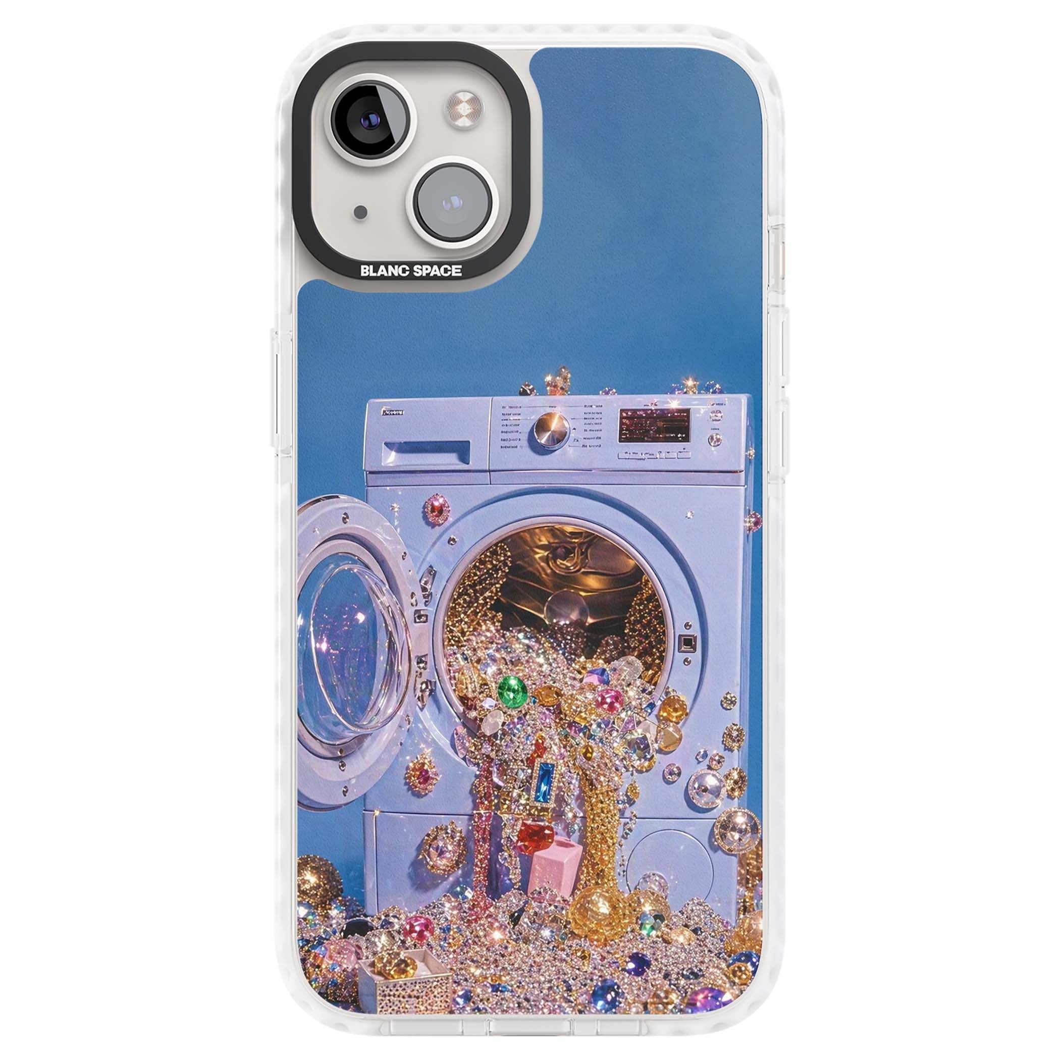 Gem Laundry baddie iPhone case featuring a surreal washing machine overflowing with colourful gemstones and crystals | Clear Impact case for iPhone 13, iPhone 14, iPhone 15