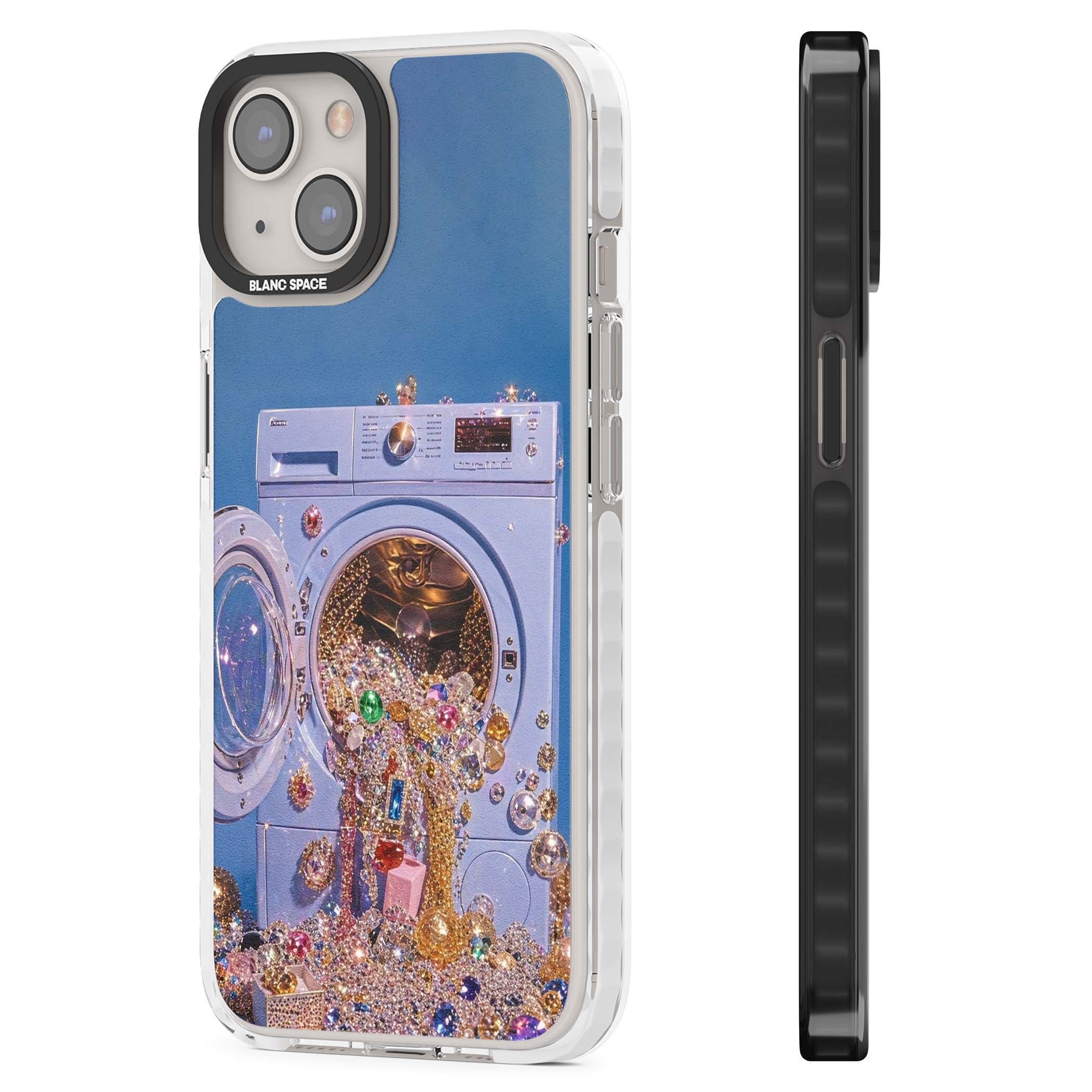 Gem Laundry baddie iPhone case featuring a surreal washing machine overflowing with colourful gemstones and crystals | Clear Impact case for iPhone 13, iPhone 14, iPhone 15
