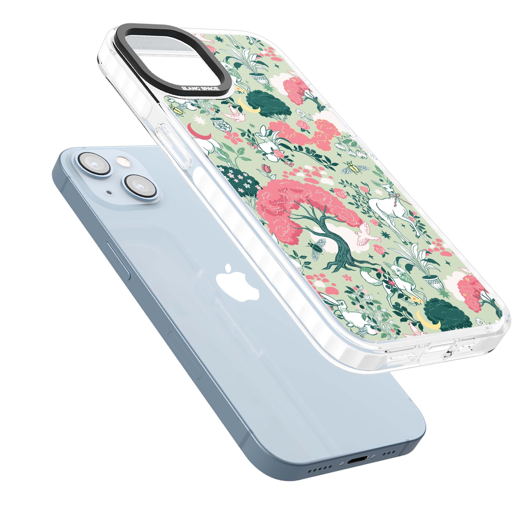 Enchanted Woodland cottagecore iPhone case featuring white deer, pink roses, mushrooms and woodland animals on sage green | Clear Impact case for iPhone 13, iPhone 14, iPhone 15