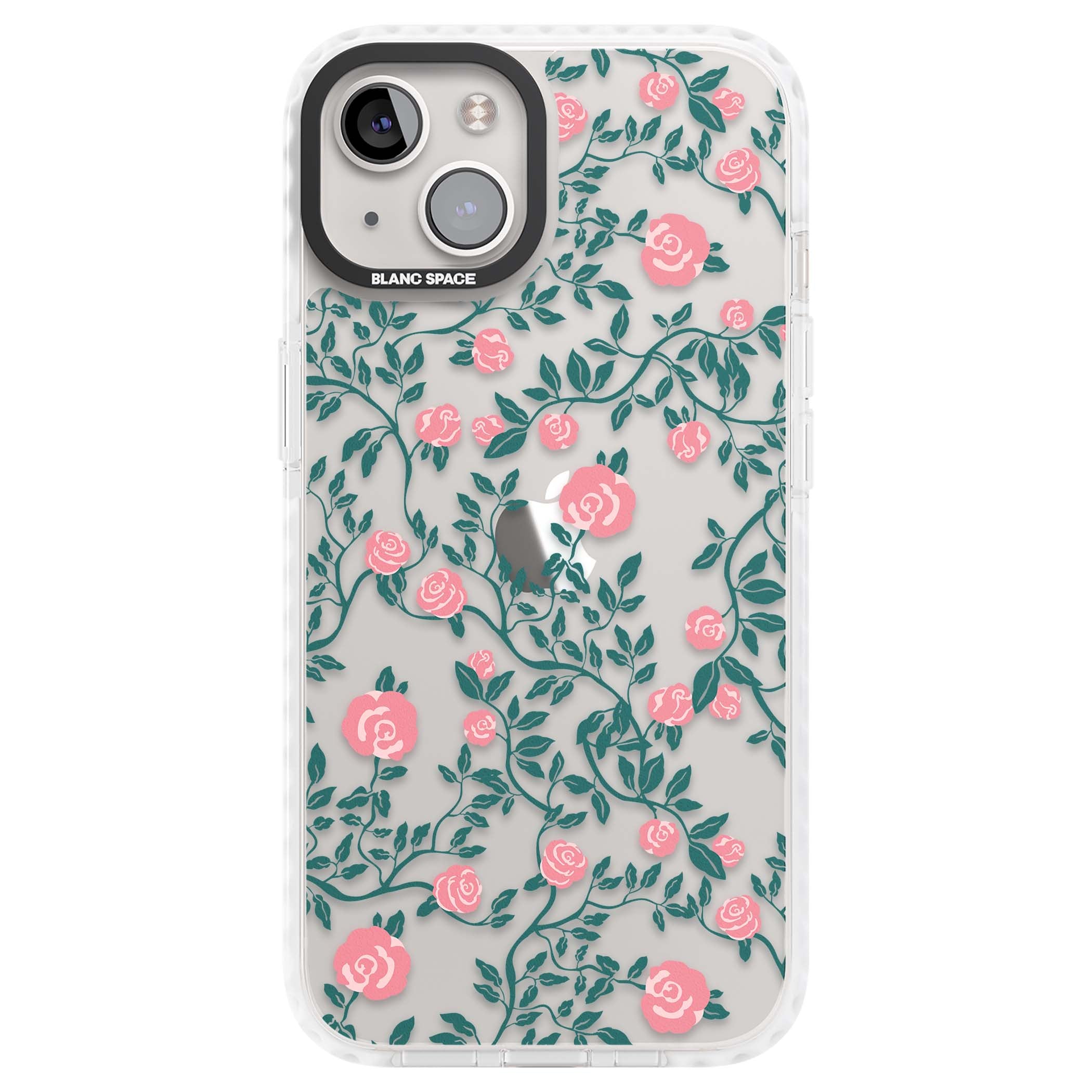Rose Trellis (Clear) cottagecore iPhone case featuring pink climbing roses and green leaves on clear background | Clear Impact case for iPhone 13, iPhone 14, iPhone 15
