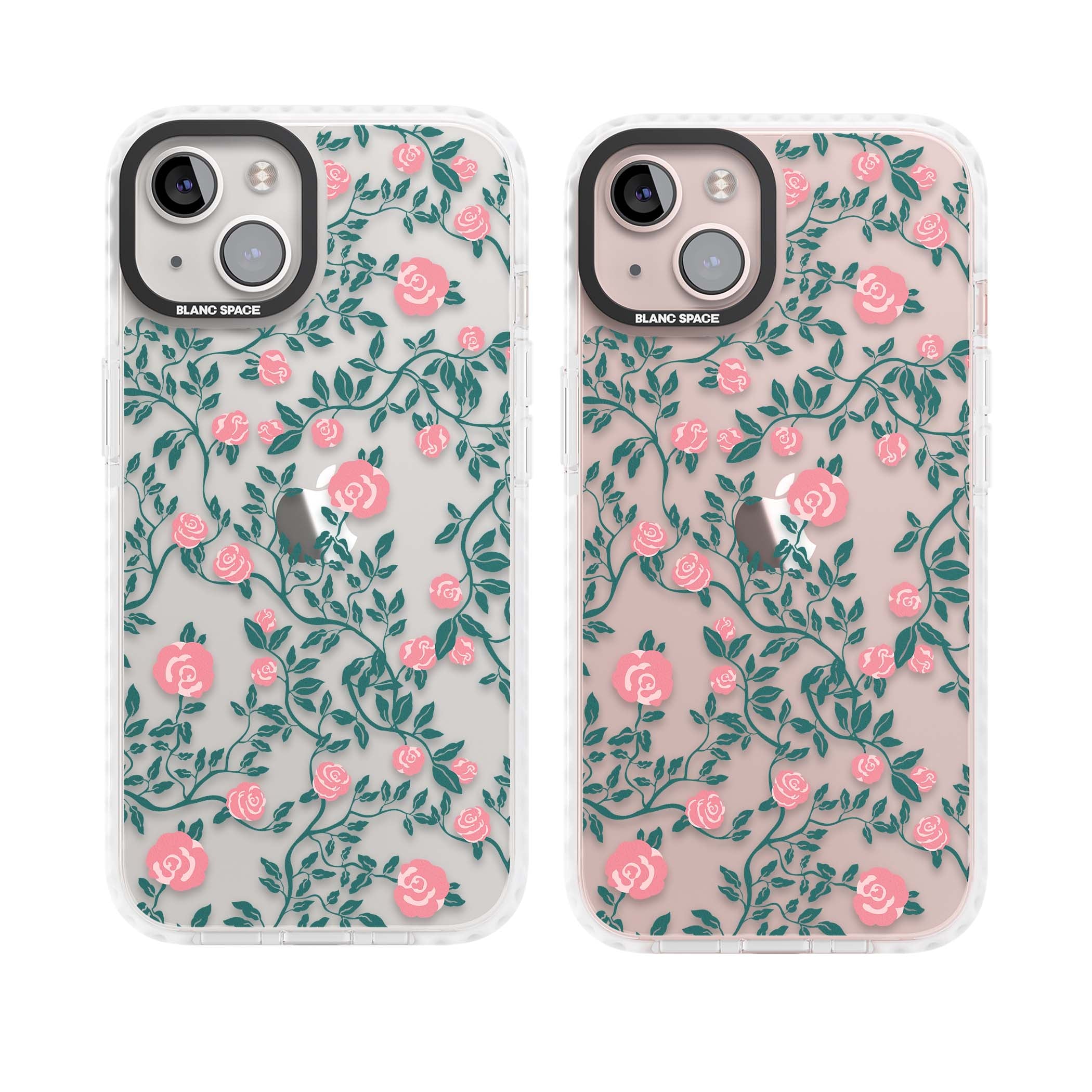 Rose Trellis (Clear) cottagecore iPhone case featuring pink climbing roses and green leaves on clear background | Clear Impact case for iPhone 13, iPhone 14, iPhone 15