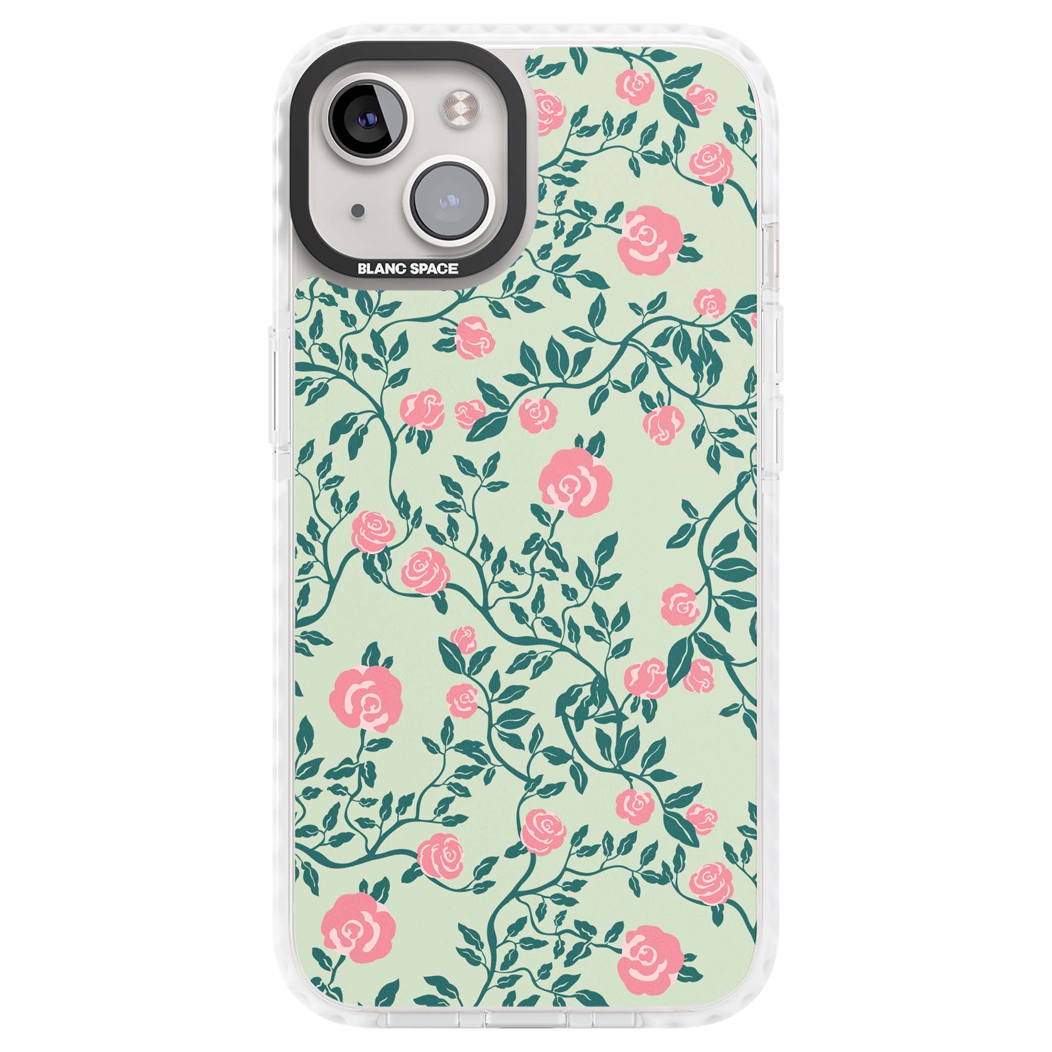 Rose Trellis cottagecore iPhone case featuring pink roses, sage green vines, and mint background | Clear Impact case for iPhone 13, iPhone 14, iPhone 15
