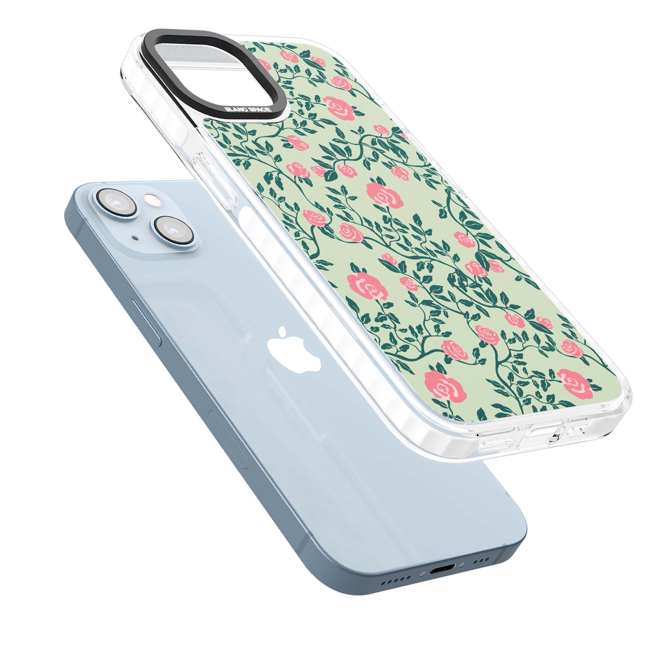 Rose Trellis cottagecore iPhone case featuring pink roses, sage green vines, and mint background | Clear Impact case for iPhone 13, iPhone 14, iPhone 15