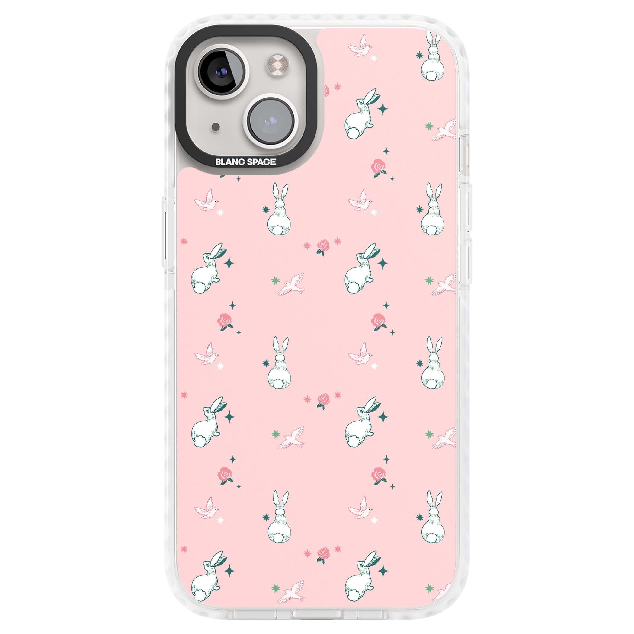 Bunny Garden kawaii iPhone case featuring white rabbits, pink roses, doves and stars on pink background | Clear Impact case for iPhone 13, iPhone 14, iPhone 15