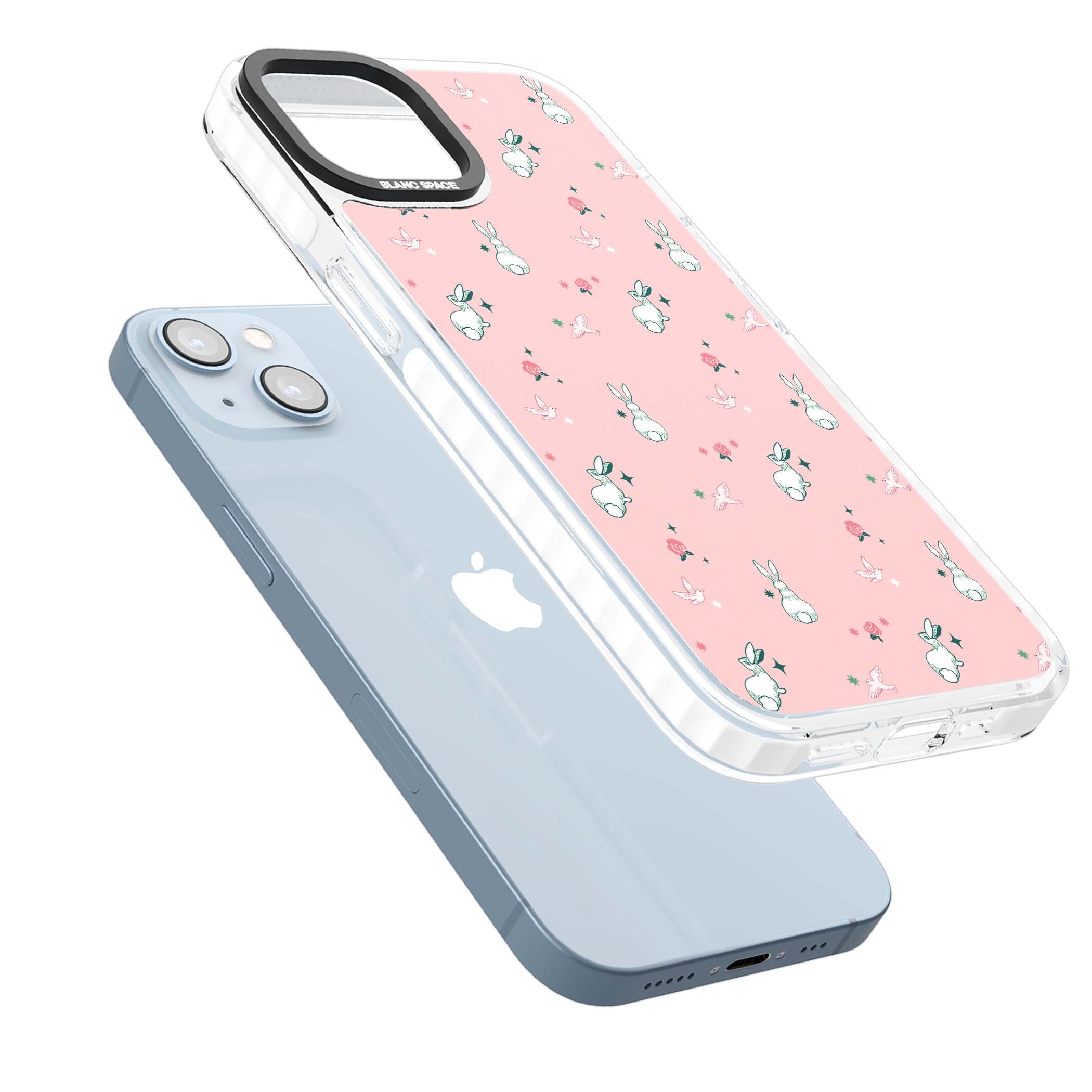 Bunny Garden kawaii iPhone case featuring white rabbits, pink roses, doves and stars on pink background | Clear Impact case for iPhone 13, iPhone 14, iPhone 15