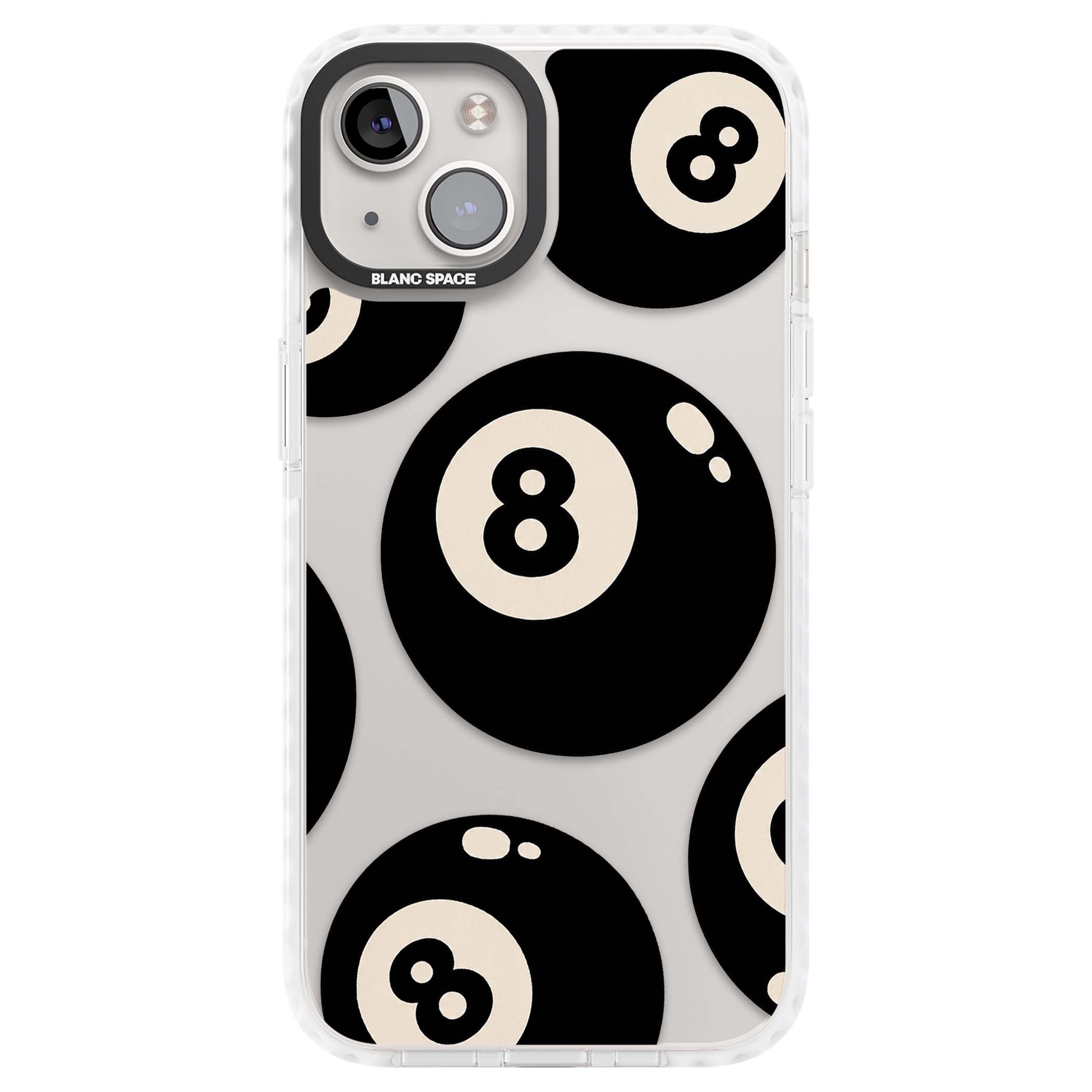Eights y2k iPhone case featuring scattered black 8 balls with cream highlights on a clear background | Clear Impact case for iPhone 13, iPhone 14, iPhone 15